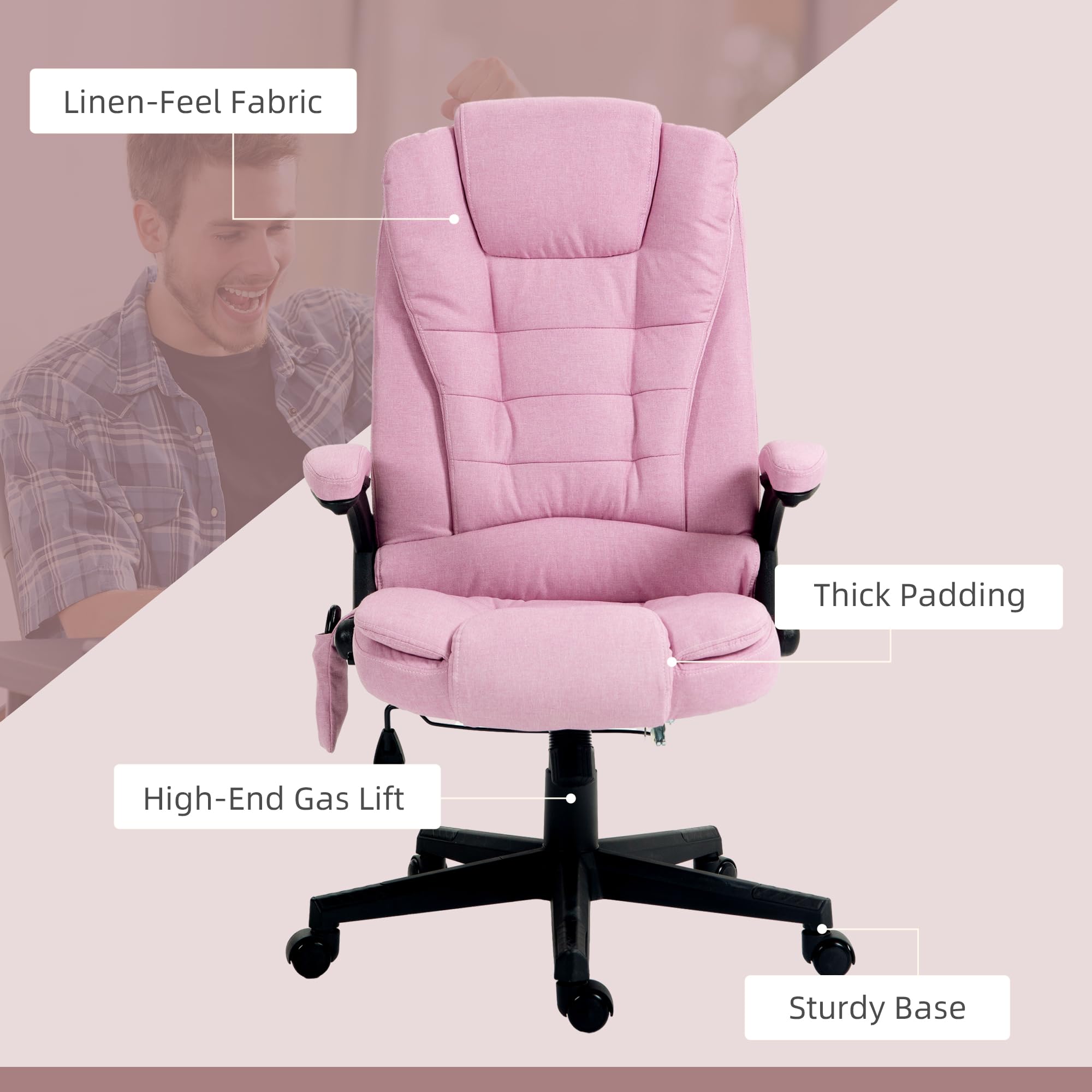 Vinsetto 6-Point Vibrating Massage Office Chair with Heating - High Back Executive Ergonomic Chair with Reclining Function, Padded Armrests & Remote Control (Pink) - Perfect for Home Office, Gaming & Relaxation