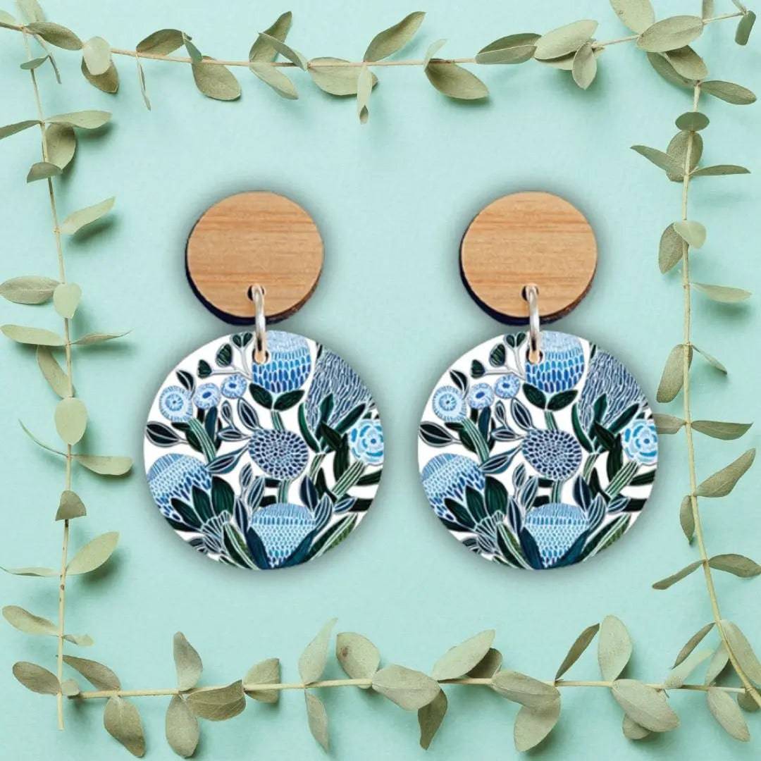 Blue Banksias Wooden Earrings for Women – Handmade Boho Dangle Earrings – Lightweight Wooden Jewelry for Everyday Wear, Parties & Special Occasions