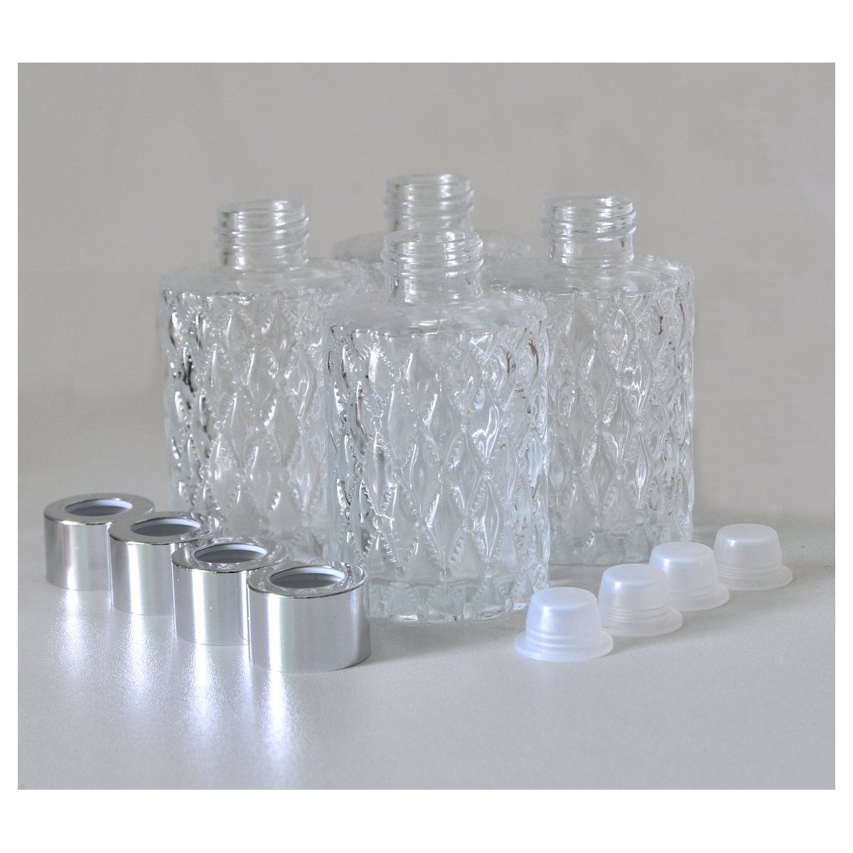 4-Pack Diamond Cut Cylindrical Glass Essential Oil Diffuser Bottles with Silver Caps (120ML) - Perfect for Aromatherapy, Home Spa, and Gift Giving