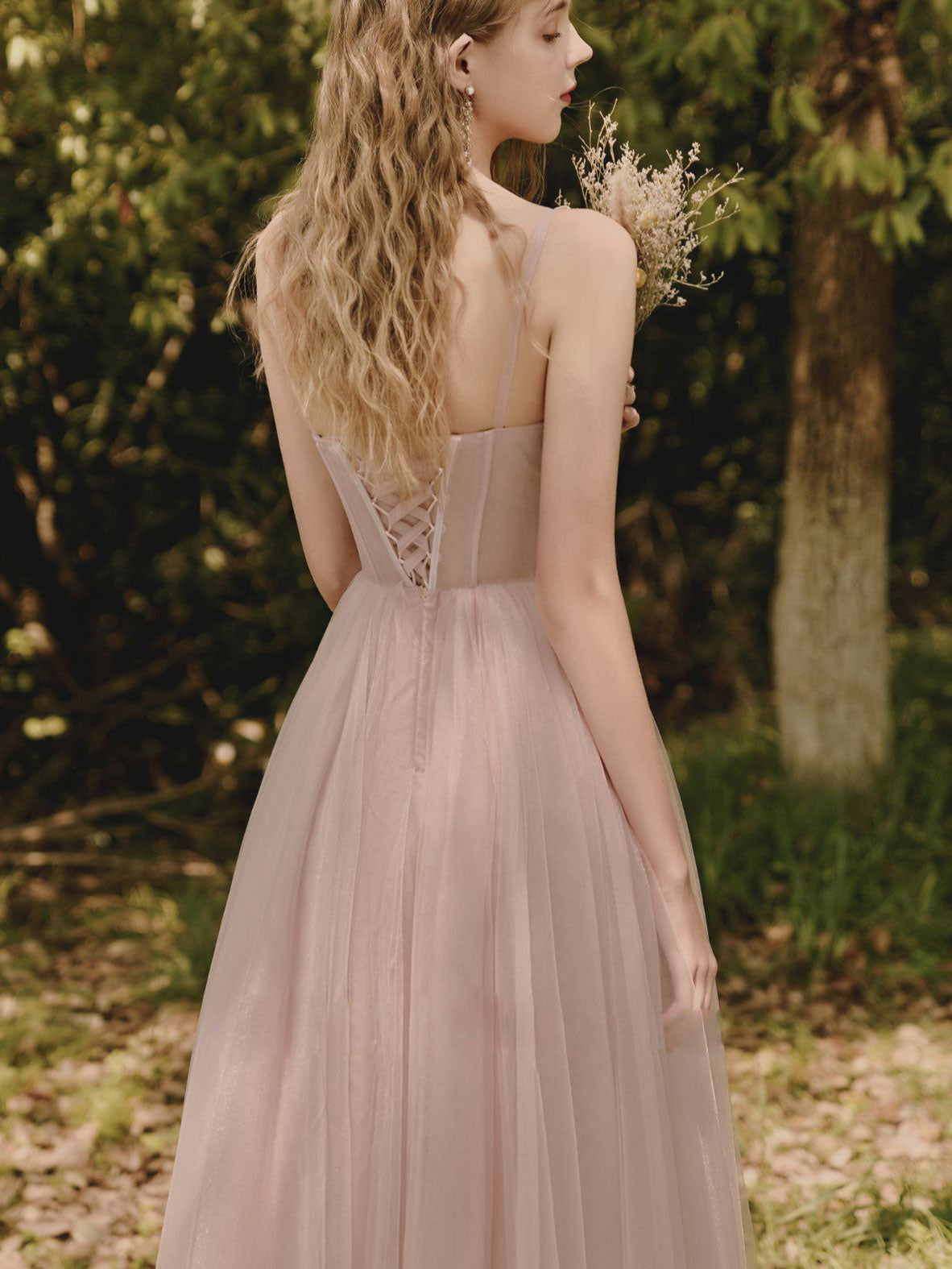 Elegant Pink Tulle Lace Tea-Length Prom Dress | Vintage Lace Evening Gown for Homecoming, Wedding Guest & Special Occasions