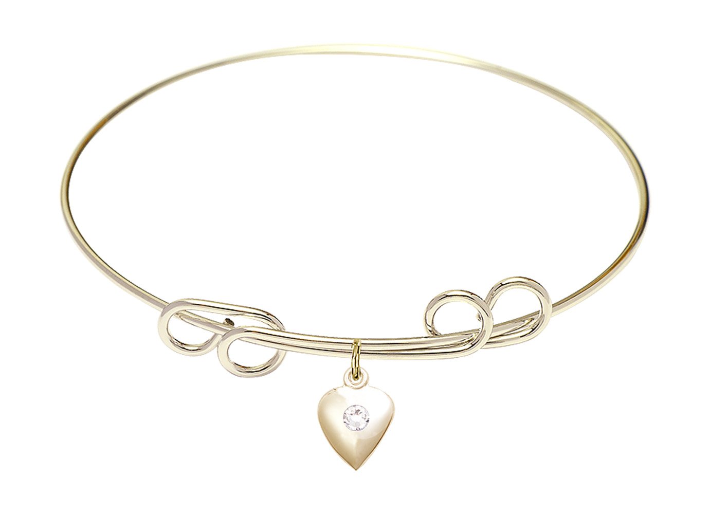 8 Inch Round Double Loop Bangle Bracelet with Heart Charm & April Crystal - Elegant Jewelry for Women, Perfect for Valentine's Day, Anniversary Gifts, and Special Occasions