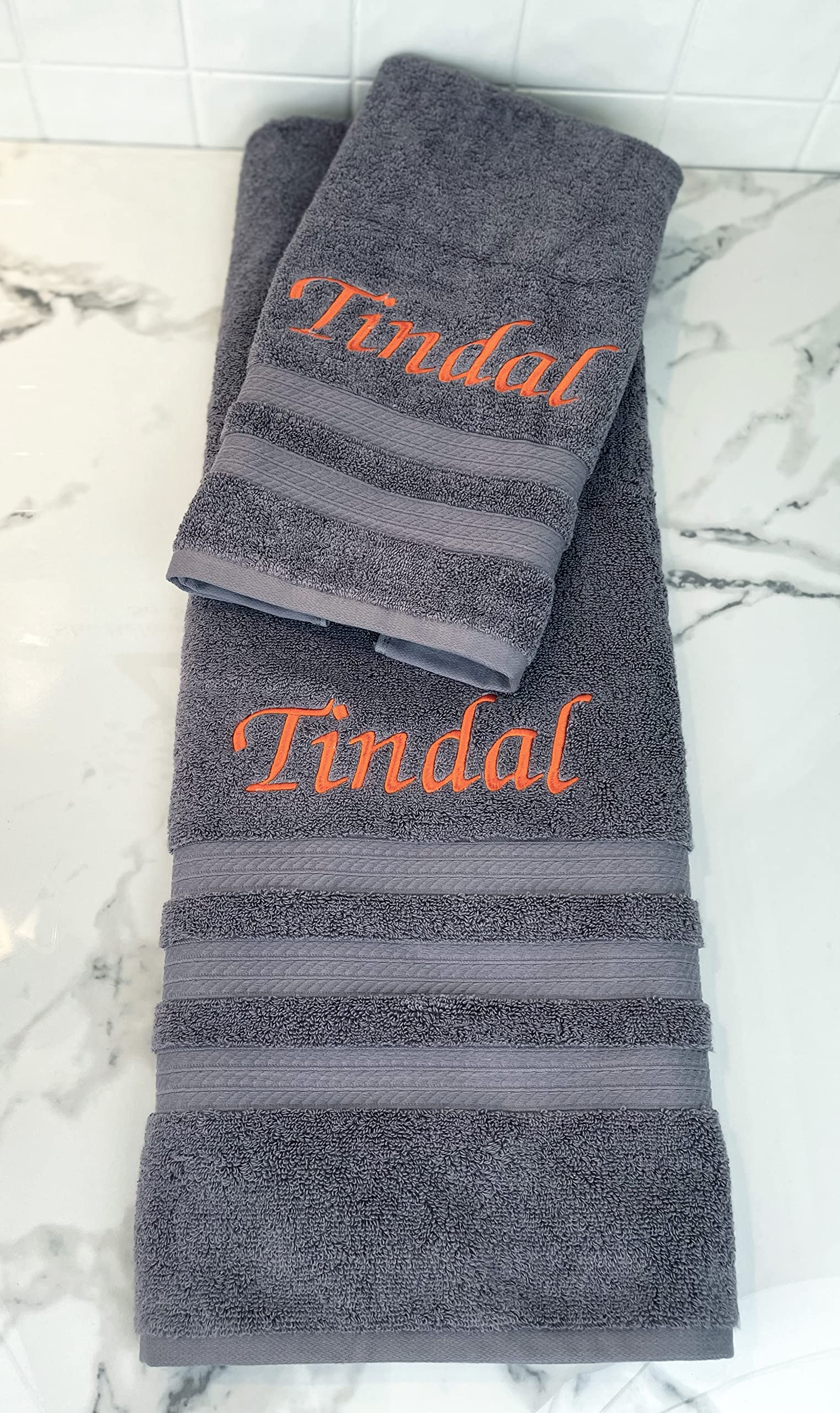 Premium Embroidered Bath & Hand Towel Set - 100% Cotton Luxury Personalized Monogrammed Towels (1 Bath + 1 Hand Towel) - Soft Absorbent Grey Bathroom Towels for Spa, Guest Bath & Luxury Home Decor