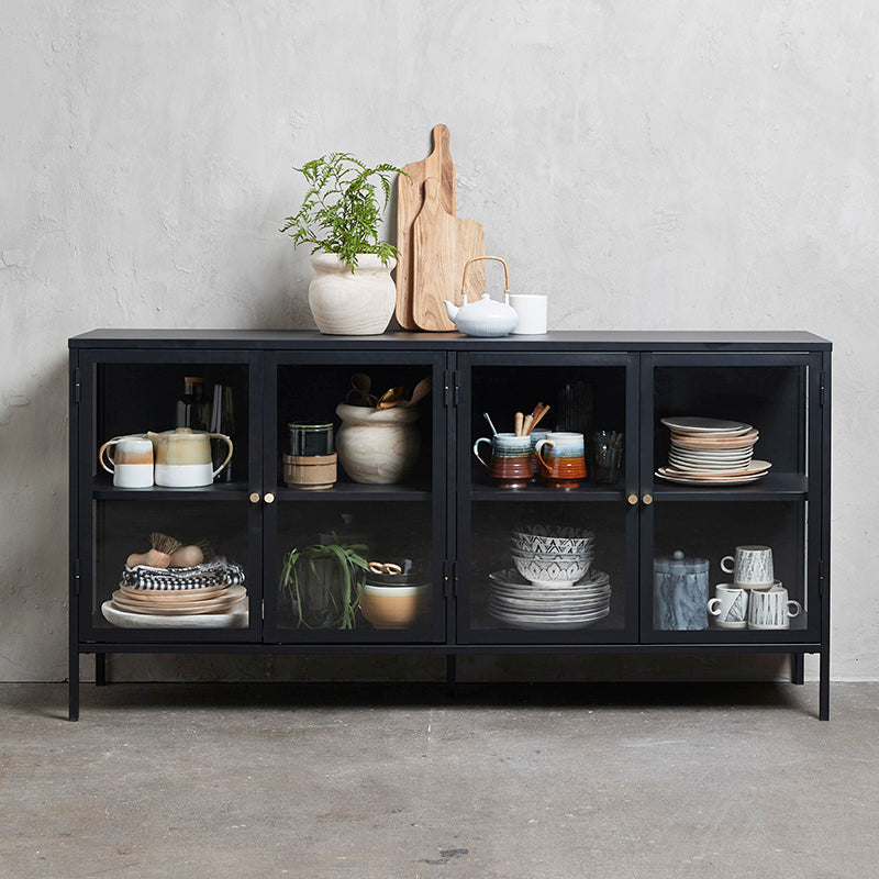 Modern CARMEL 4 Glass Door Sideboard Buffet Cabinet - 170cm Wide Black Wooden Storage Unit for Dining Room & Living Room - Perfect for Displaying China, Glassware & Home Decor