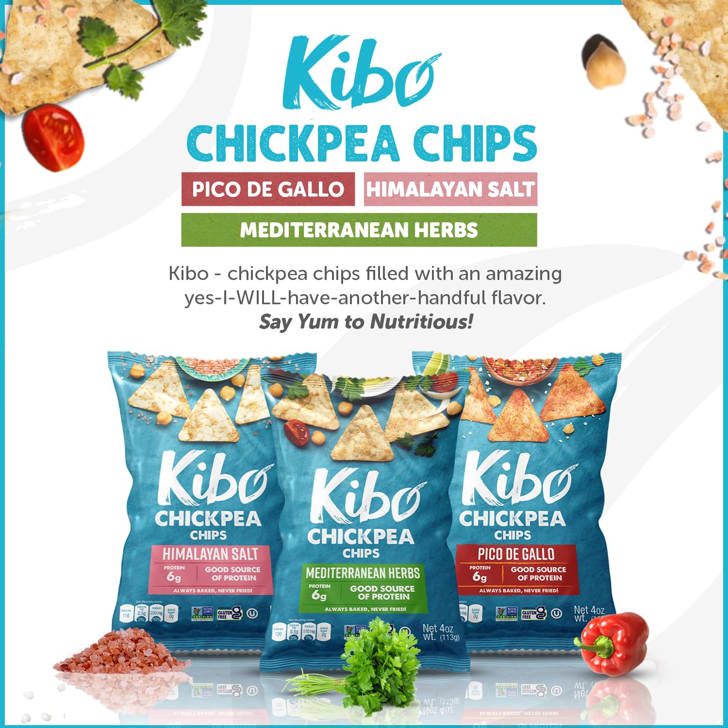 Kibo Chickpea Chips Variety Pack (6 Pack) - High Protein, High Fiber, Gluten-Free, Vegan Snacks - Non-GMO, Plant-Based Chips Made with Real Vegetables - Perfect for Healthy Snacking, Lunch Boxes & On-the-Go Nutrition