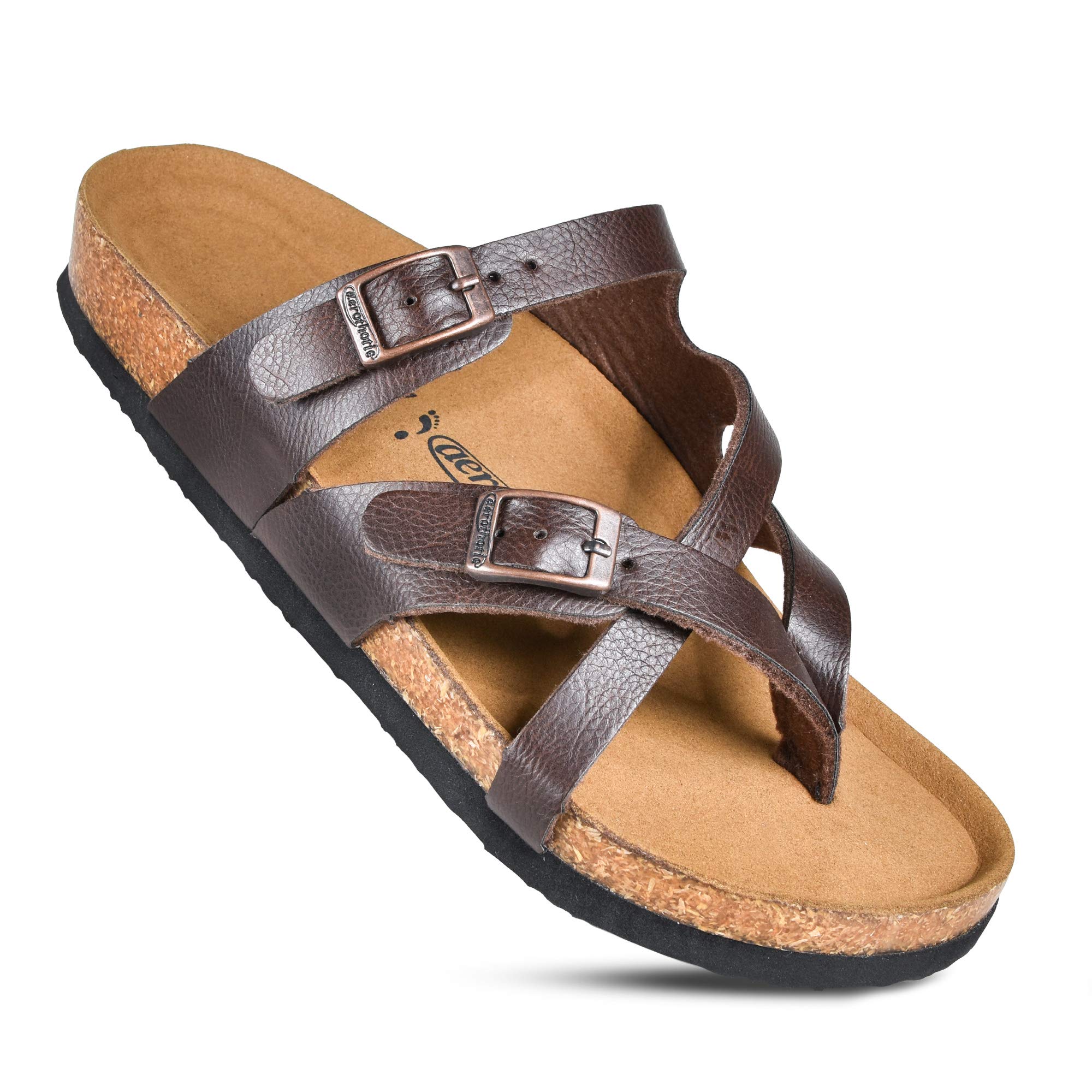 AEROTHIC Women's Strappy Slip-On Sandals with Memory Foam Cushion & Adjustable Buckle - Cork Footbed Slides with Arch Support for All-Day Comfort - Perfect for Beach, Pool, and Summer Outdoor Activities