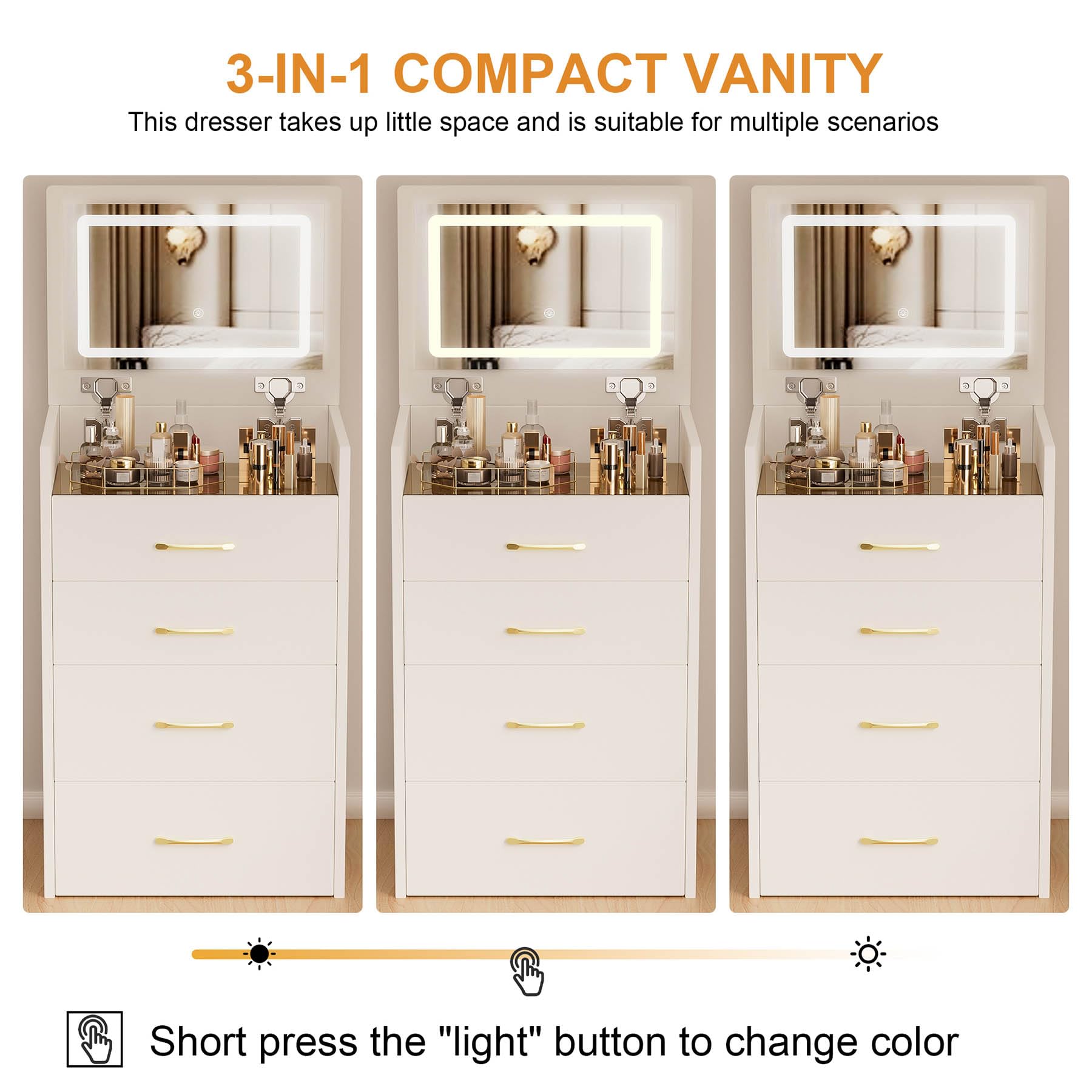 3 in 1 Compact Vanity Desk with Flip-Up Mirror & LED Lights - Small Makeup Table with 3 Drawers, Storage Stool & Glass Top - Multifunctional Dressing Table for Bedroom, Bathroom or Dorm Room - White (Medium)