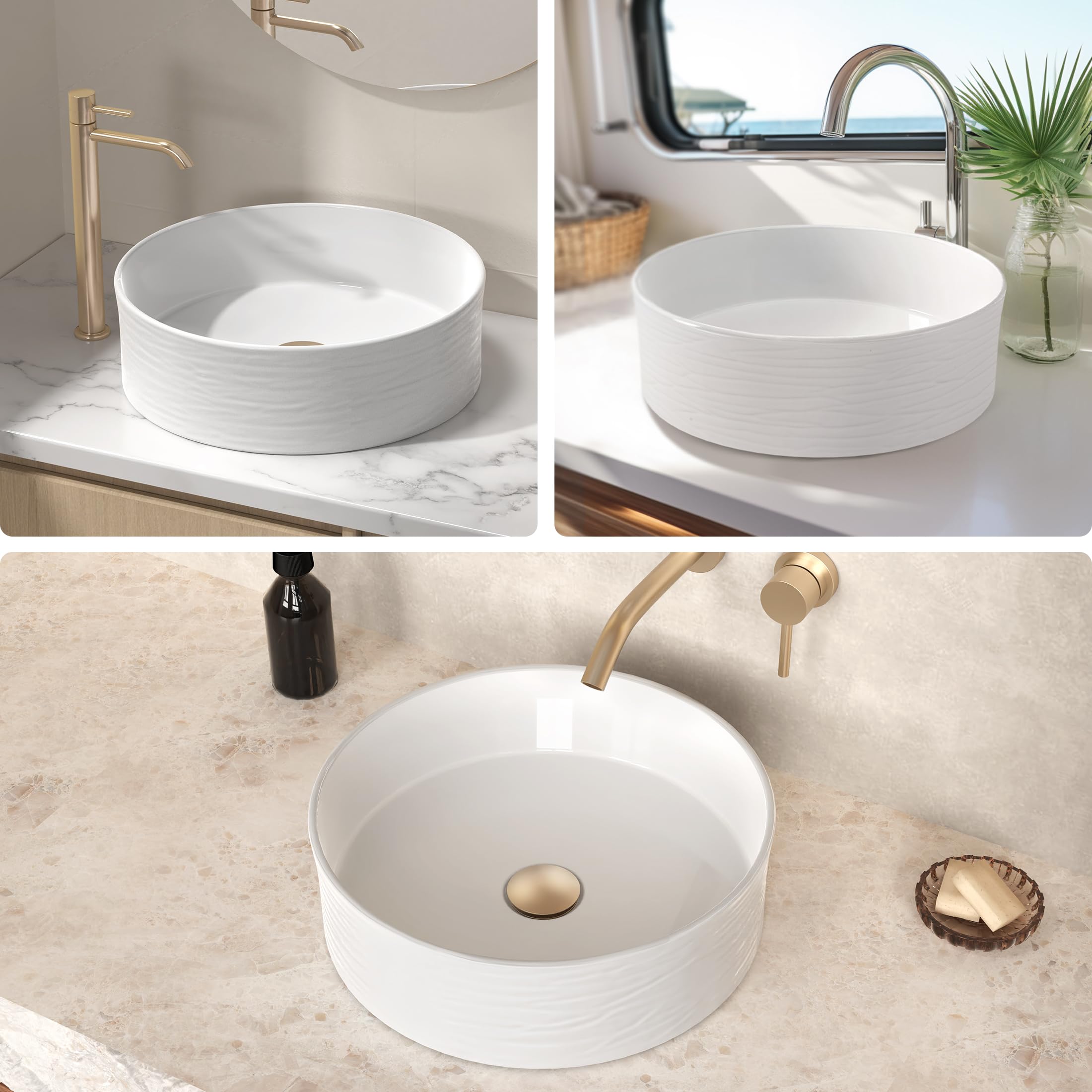 KES 15.8 Inch Round White Ceramic Vessel Sink for Bathroom Vanity - Above Counter RV Countertop Bowl (BVSC138) - Perfect for Modern Home, Hotel & RV Bathroom Renovations