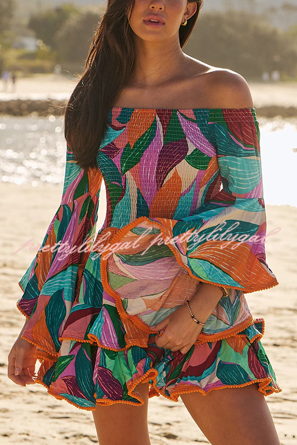 Unique Print Off The Shoulder Pleated Bell Sleeve Fitted Mini Dress | Women's Fashion Party Cocktail Dress for Night Out, Date Night & Special Occasions