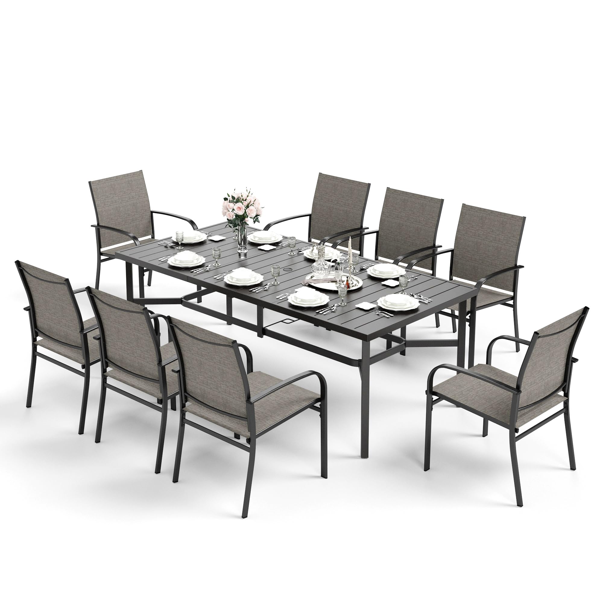 HERA'S HOUSE 9-Piece Outdoor Patio Dining Set - 8 Brown Textilene Chairs & 83