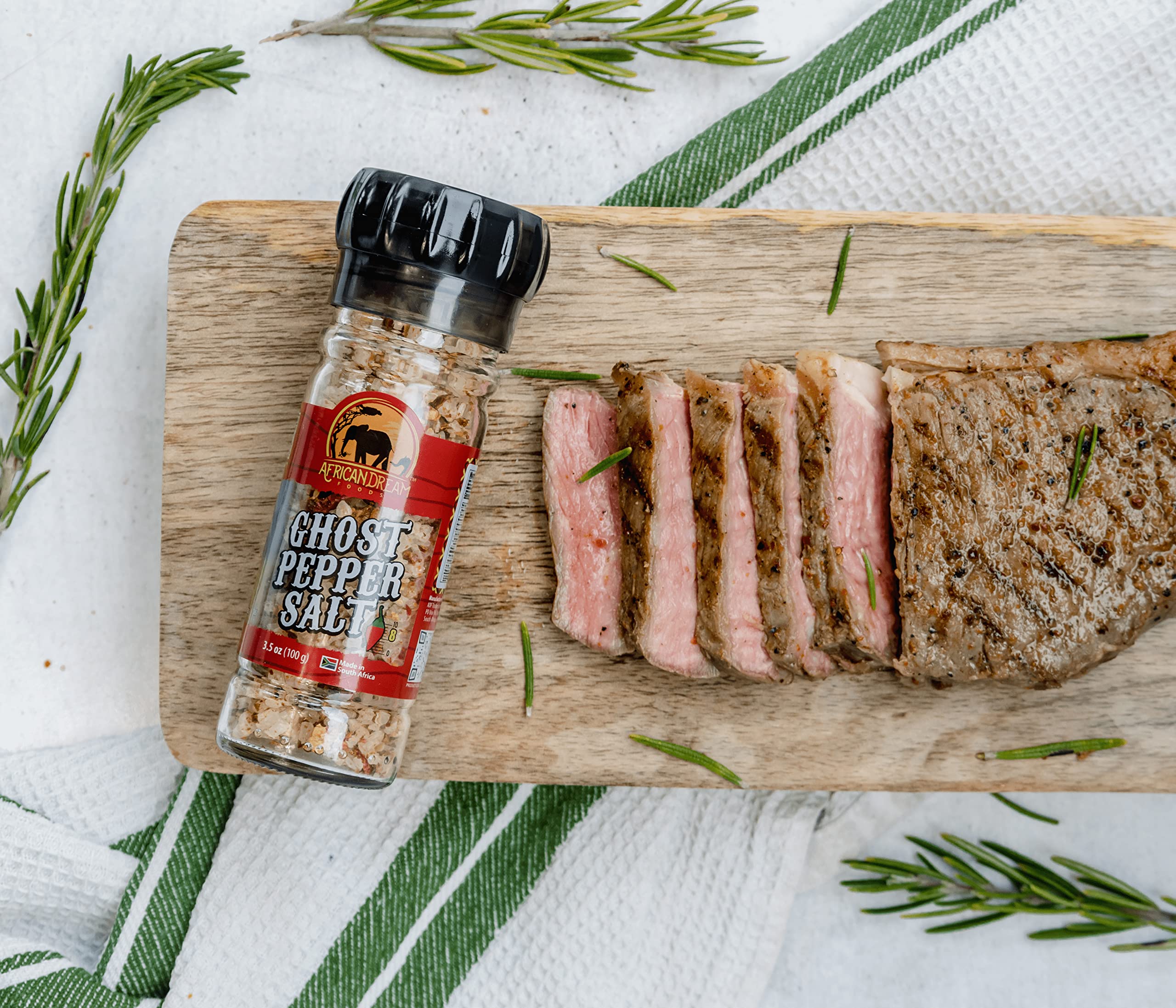 African Dream Foods Ghost Pepper Salt Seasoning - Spicy Chili Salt with Natural Ghost Peppers & Sea Salt | Hot & Flavorful Grinder for Meat, Chicken, Seafood | Perfect for BBQ, Grilling & Home Cooking | 3.5 oz Reusable Bottle
