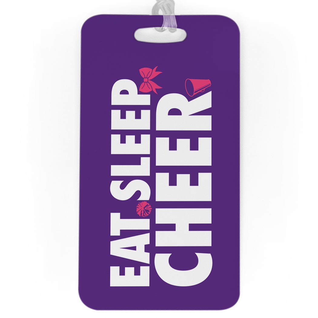 ChalkTalkSPORTS - Custom Cheerleading Luggage Tag & Bag Tag | Personalized with 'Eat Sleep Cheer' Design | Large Purple Cheerleader Accessory for Travel, Gym Bags & Sports Equipment