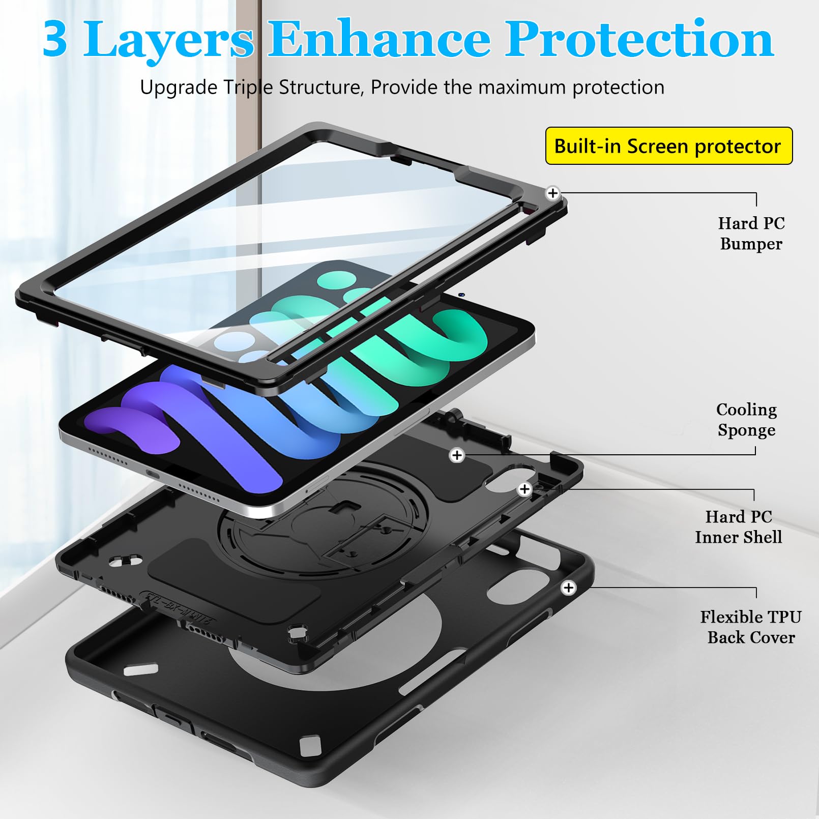 Military Grade Shockproof iPad Mini 7 Case (2024 Model A17 Pro) - 8.3 Inch Protective Cover with Screen Protector for iPad Mini 7th/6th Gen - Includes Stand, Handle, Shoulder Strap & Apple Pencil Holder - Perfect for Travel, Work & Outdoor Activities - Black