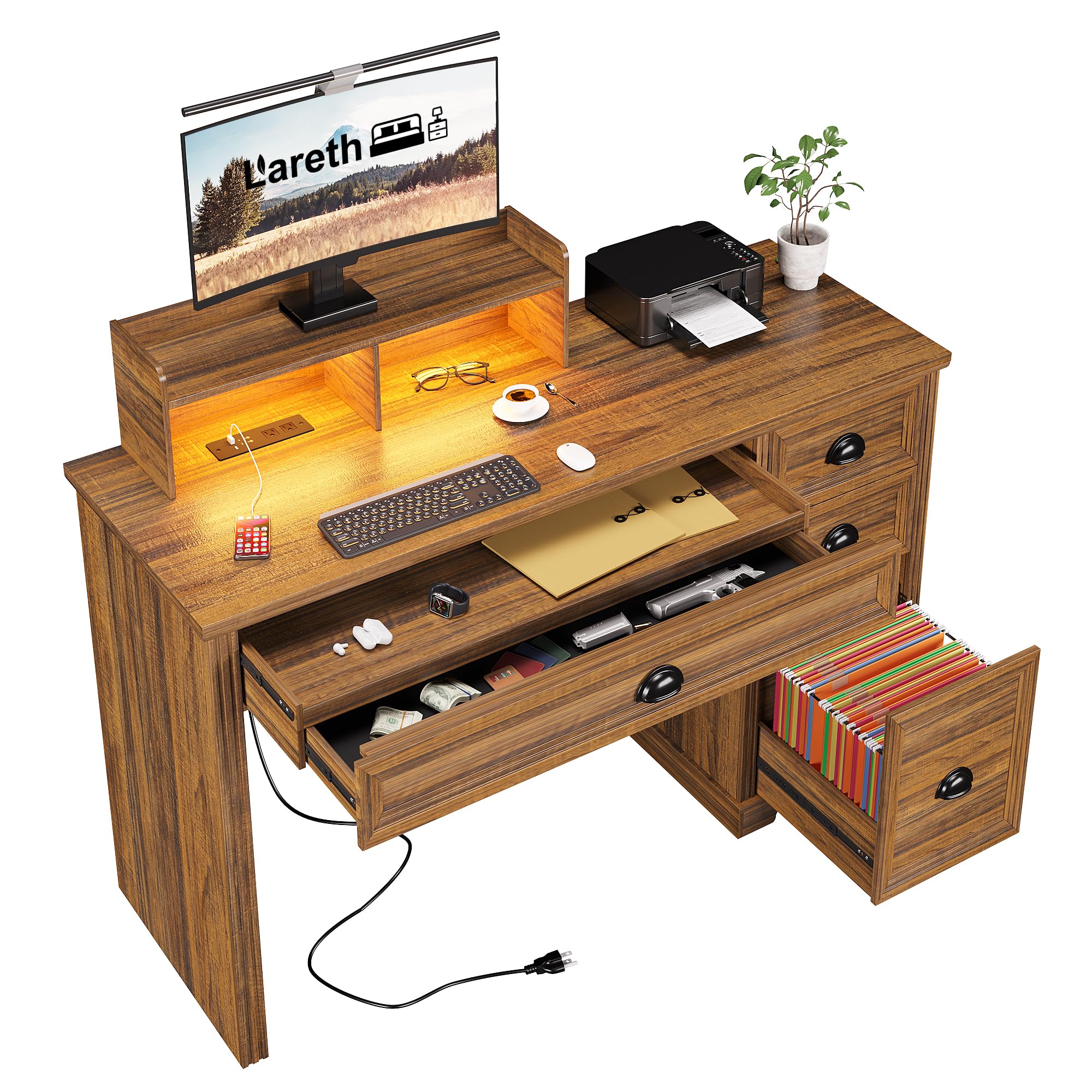 Farmhouse Computer Desk with Monitor Stand - 47 Inch Home Office Desk with LED Lights & Power Outlets, Writing Desk with Storage File Drawer for Working, Gaming & Study - Walnut Finish - Perfect for Home Office, Gaming Setup & Remote Work