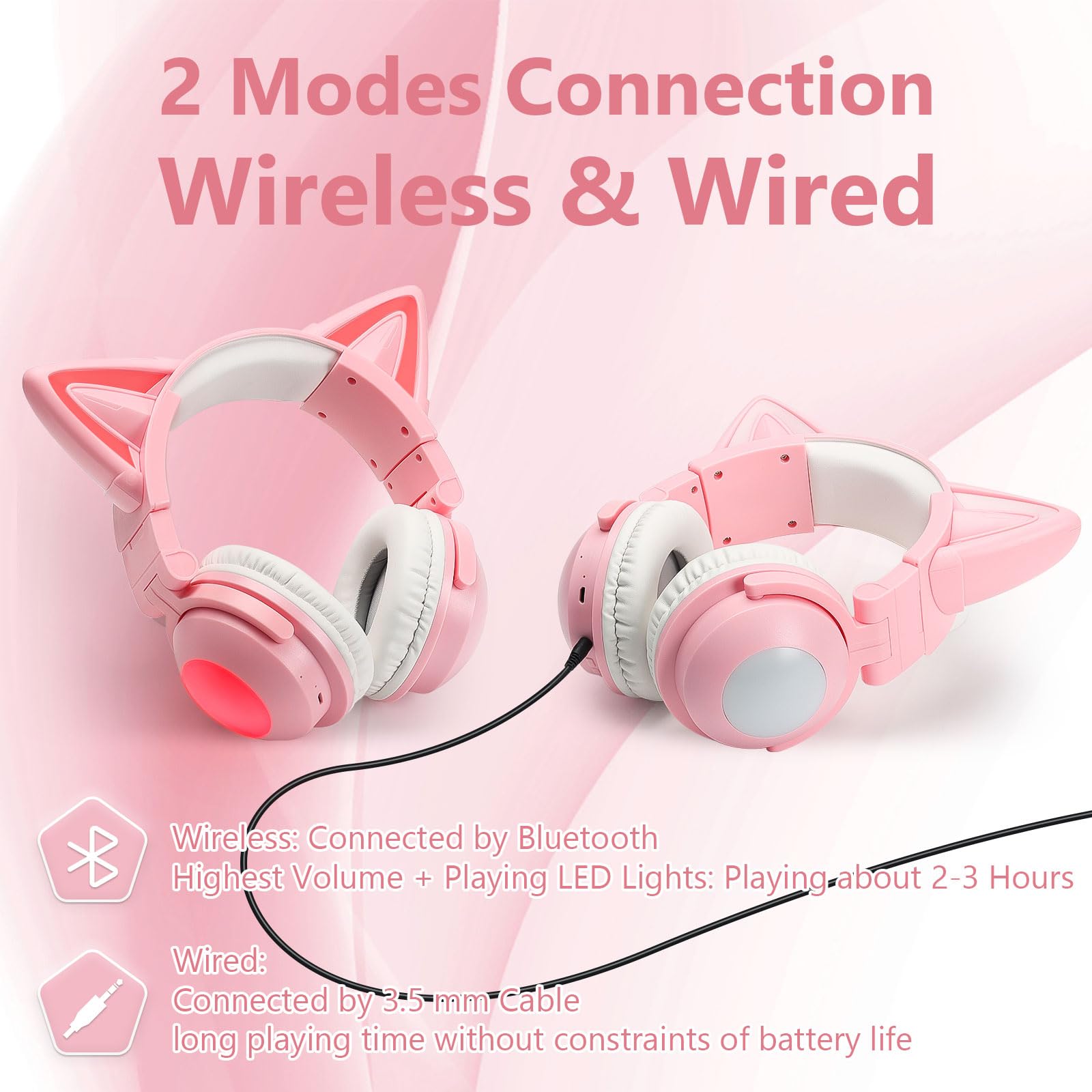 Wireless Cat Ear Headphones with LED Lights - Foldable Over-Ear Bluetooth Headset with Built-in Mic for Adults & Kids, Compatible with iPhone/Android/PC/Tablet/TV (Pink) - Perfect for Gaming, Music, Online Classes & Cosplay