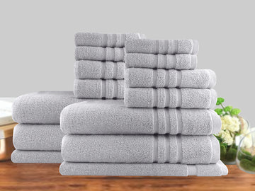 14-Piece Classic Dobby Stripe Cotton Towel Set - 650 GSM Ultra Soft & Absorbent - Silver Gray - Perfect for Bath, Spa, Gym & Beach