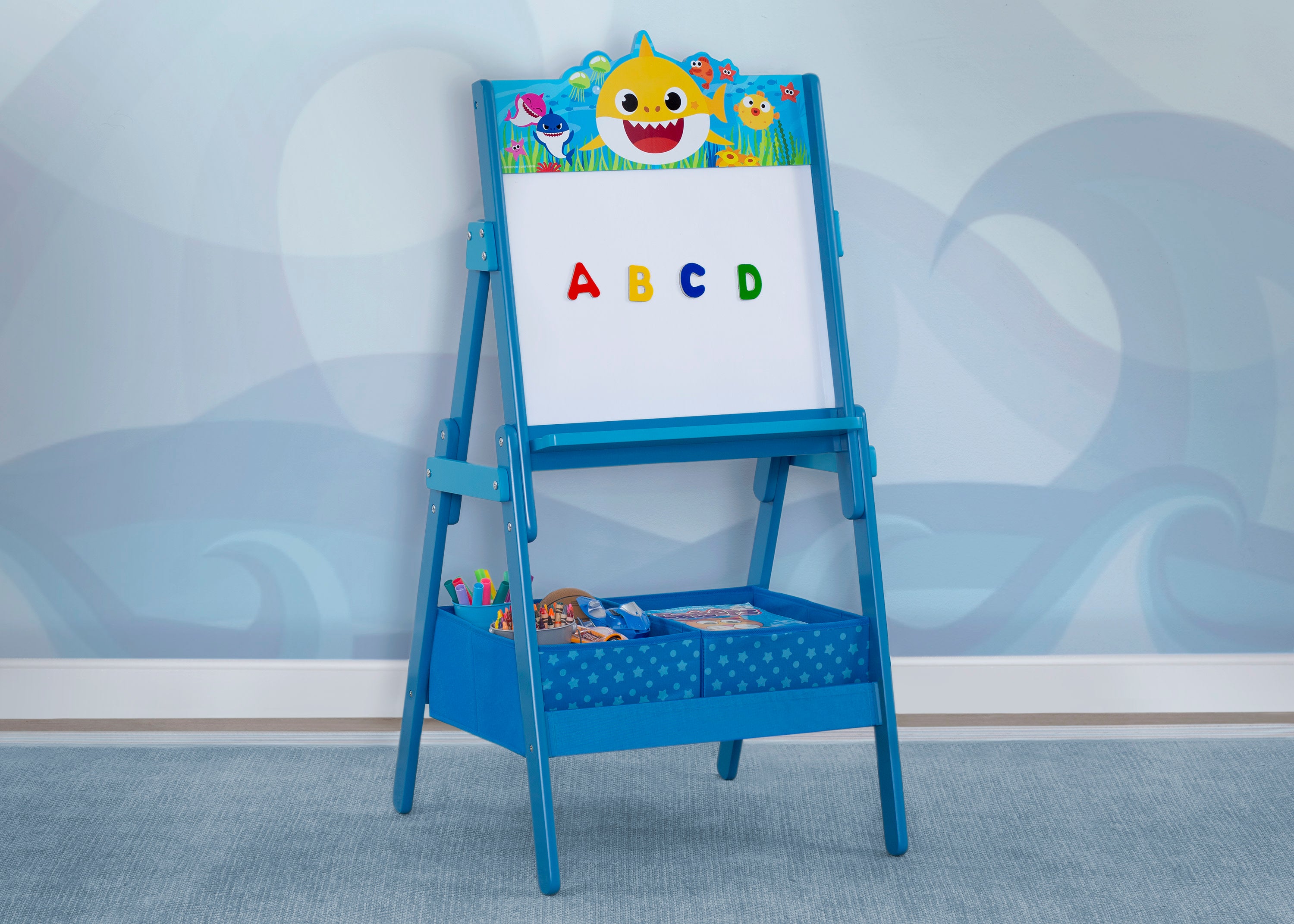 Baby Shark Wooden Activity Easel with Storage - Kids Art Easel with Chalkboard & Whiteboard - Perfect for Home, Classroom & Preschool Learning Activities
