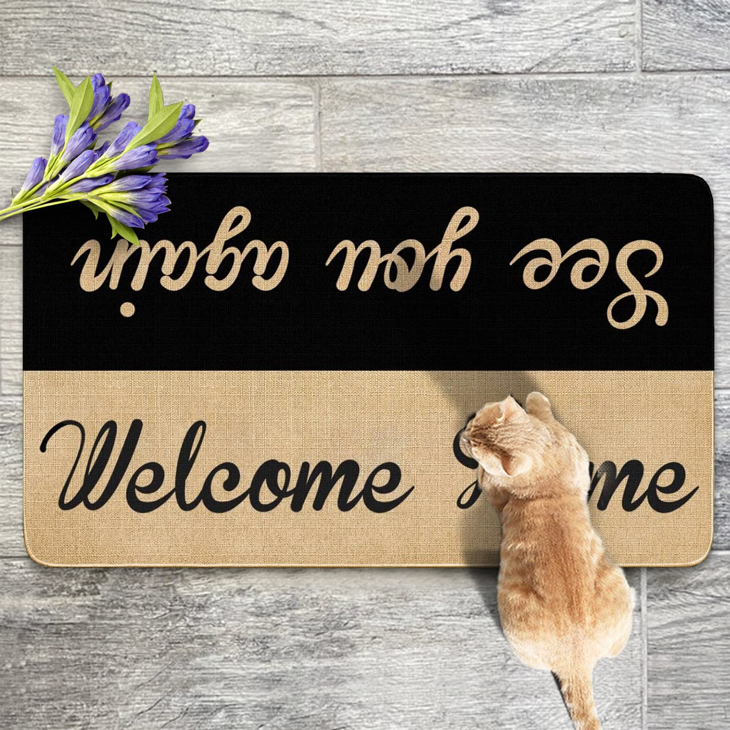 Funny Welcome Doormat - 'Welcome Home See You Again' Farmhouse Style Entry Rug with Non-Slip Rubber Backing - 30x17 Inch Brown Indoor/Outdoor Door Mat - Perfect for Front Porch, Entryway, and Home Decor