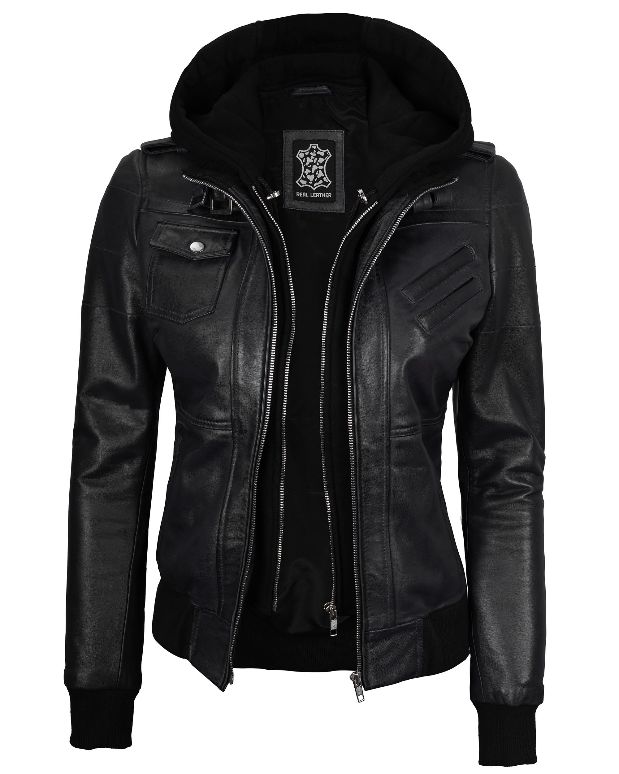 Genuine Lambskin Bomber Leather Jacket for Women with Removable Hood - Stylish & Comfortable Jackets for Casual Outings, Date Nights & Fall Fashion