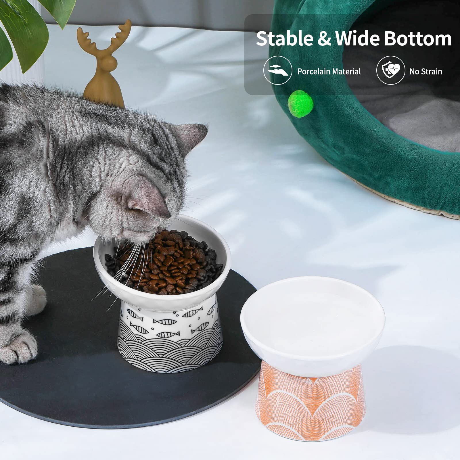 TAMAYKIM Ceramic Raised Cat Bowls - Elevated Pet Food & Water Bowls Set for Cats & Small Dogs | Stress-Free Feeding | Dishwasher & Microwave Safe | Orange & Black | Perfect for Home, Kitchen & Travel Use