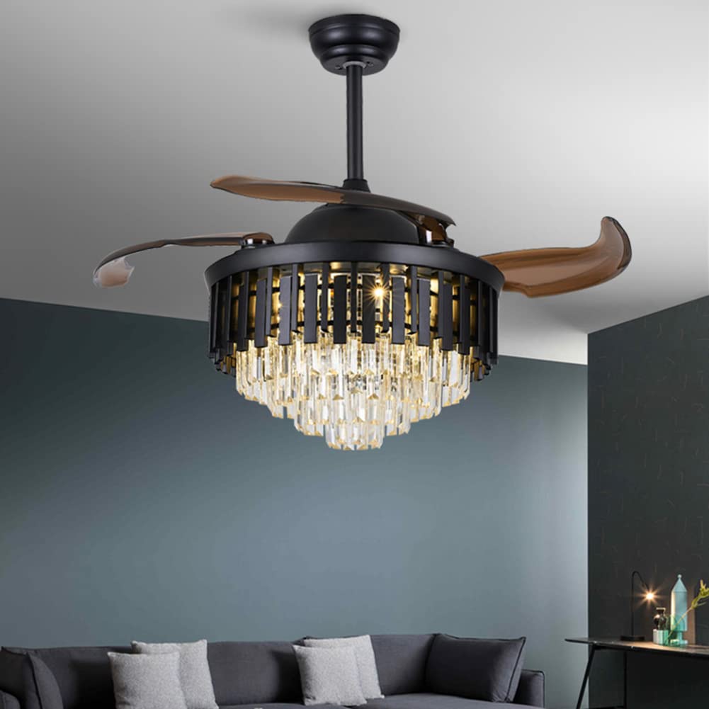 **Retractable Black Ceiling Fan with Lights & Remote Control - 3-Speed Quiet Fandelier for Bedroom, Living Room, Dining Room - Modern Chandelier Fan for Home & Office**