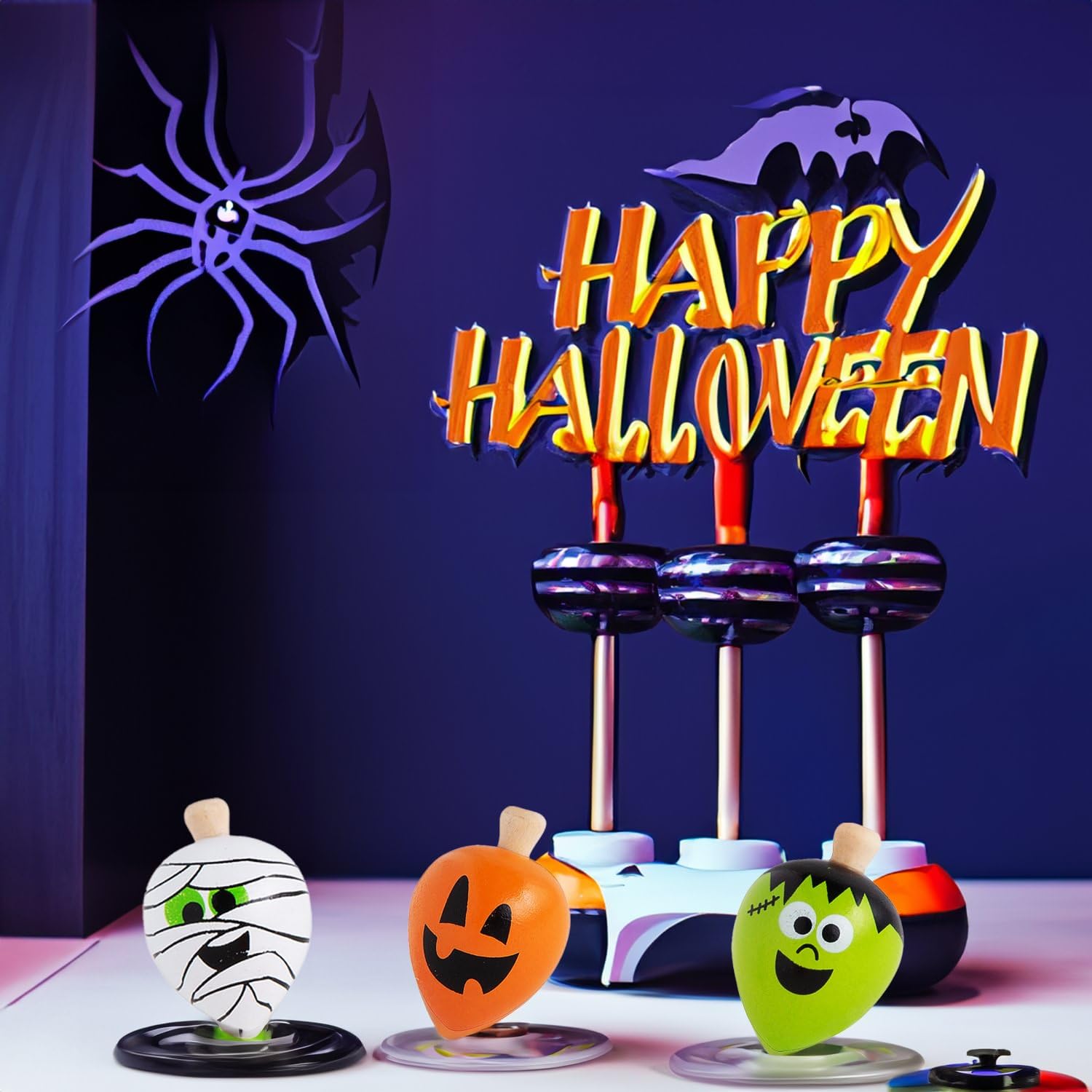 Halloween Wooden Spin Top Toys - 12 Pack for Kids Party Favors, Classroom Prizes & Trick or Treat Gifts