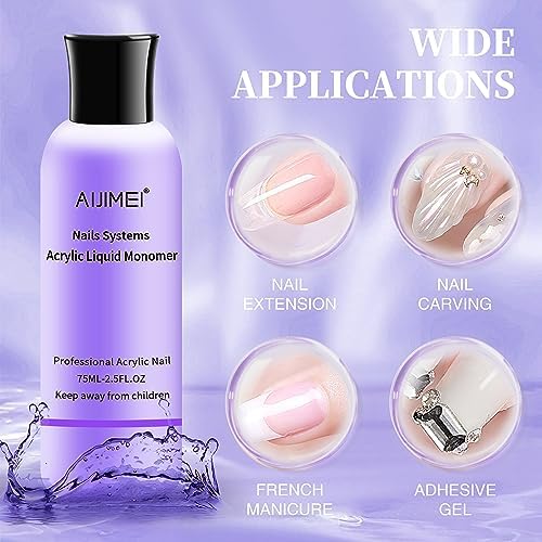 AIJIMEI Acrylic Liquid Monomer - 5oz (75ml/2.5fl.oz) 2-Pack for Professional Nail Art | Fast-Drying Acrylic Nail Liquid for Acrylic Powder | Perfect for DIY Manicures, Salon Nail Extensions & Nail Art Designs