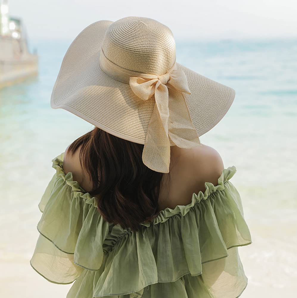 1Pcs Women's Sun Straw Hat Wide Brim Big Bowknot Beach Cap Floppy Foldable Sun Hat (Beige) - Perfect for Beach Vacations, Pool Parties, Summer Outings and Outdoor Activities