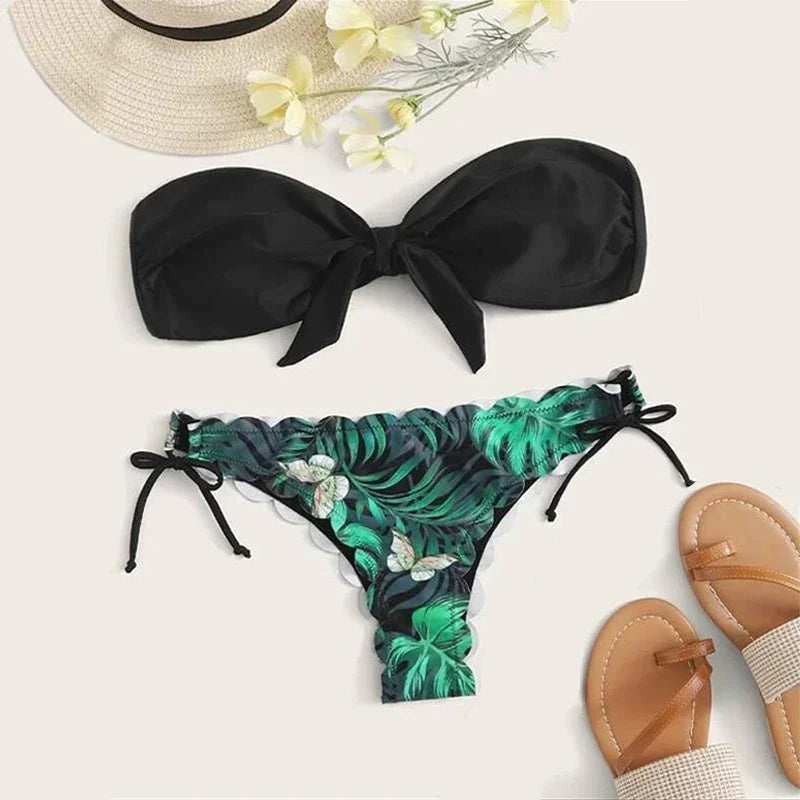 Sexy Leopard Print Bikini Set for Women - Strapless Push Up Swimsuit with Front Lace Up & Ruffled Bow Details - Thong Swimwear for Beach Vacation & Pool Party