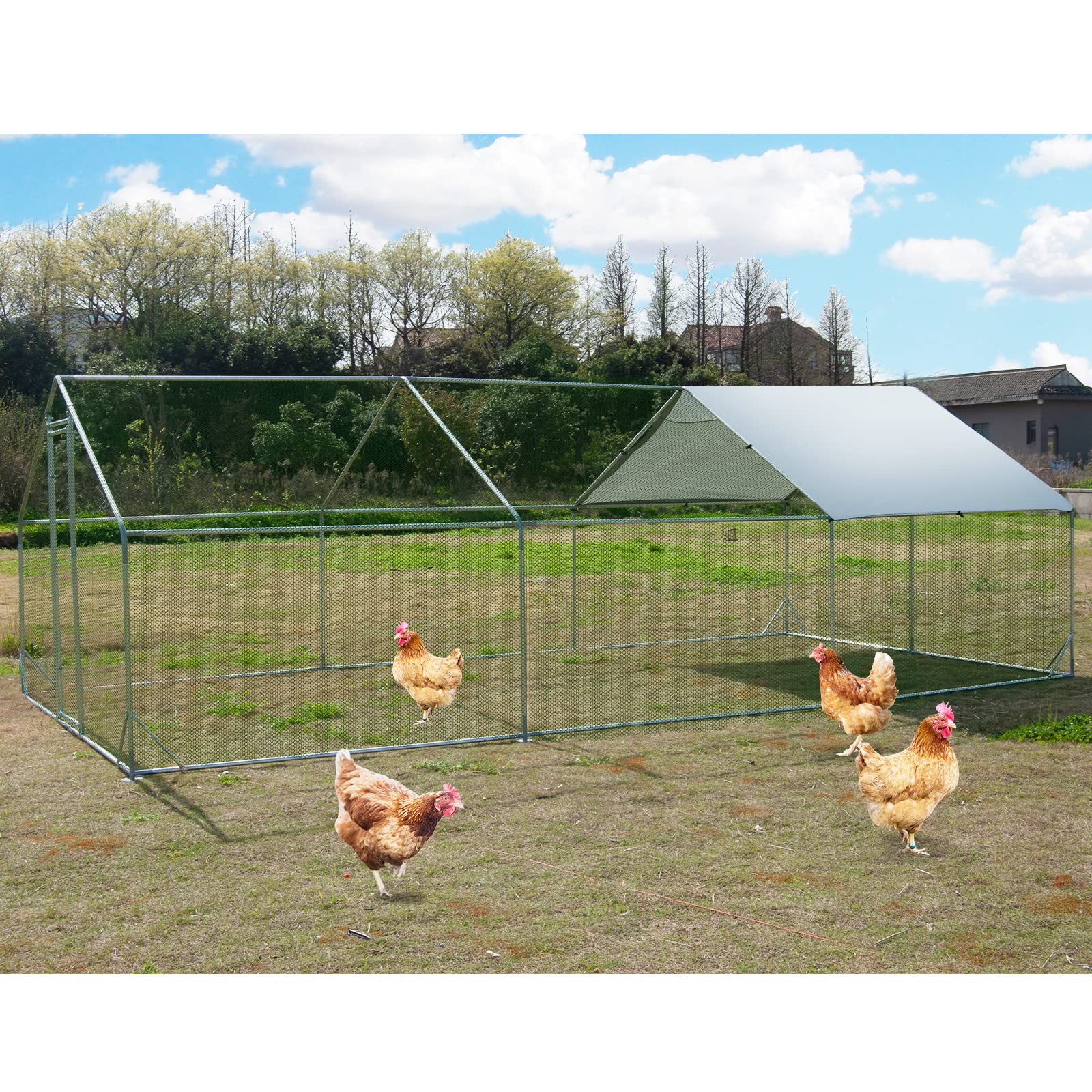 Premium Large Walk-In Metal Chicken Coop - 19.68'L x 9.84'W Spire Shaped Poultry Cage with Waterproof UV-Resistant Cover - Durable Outdoor Hen House for Backyard Farms, Chicken Runs & Poultry Habitat (1