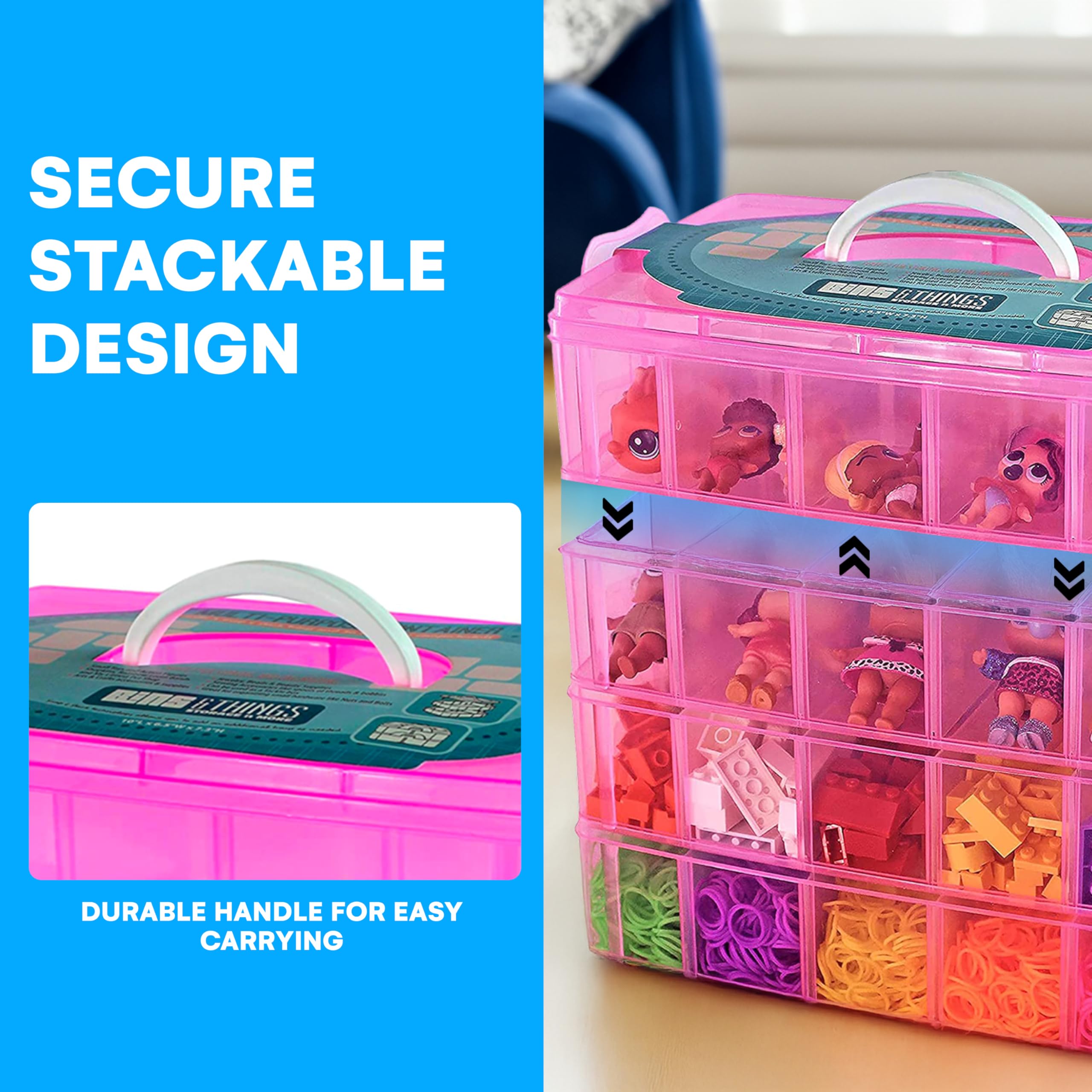 Bead Organizer with Adjustable Compartments - 4 Tier 20 Compartment Pink Storage Box for Dolls, Crafts, Mini Toys, Jewelry & Beads - Durable Toy Organizer for Kids & Adults - Perfect for Craft Rooms, Playrooms & Travel Organization