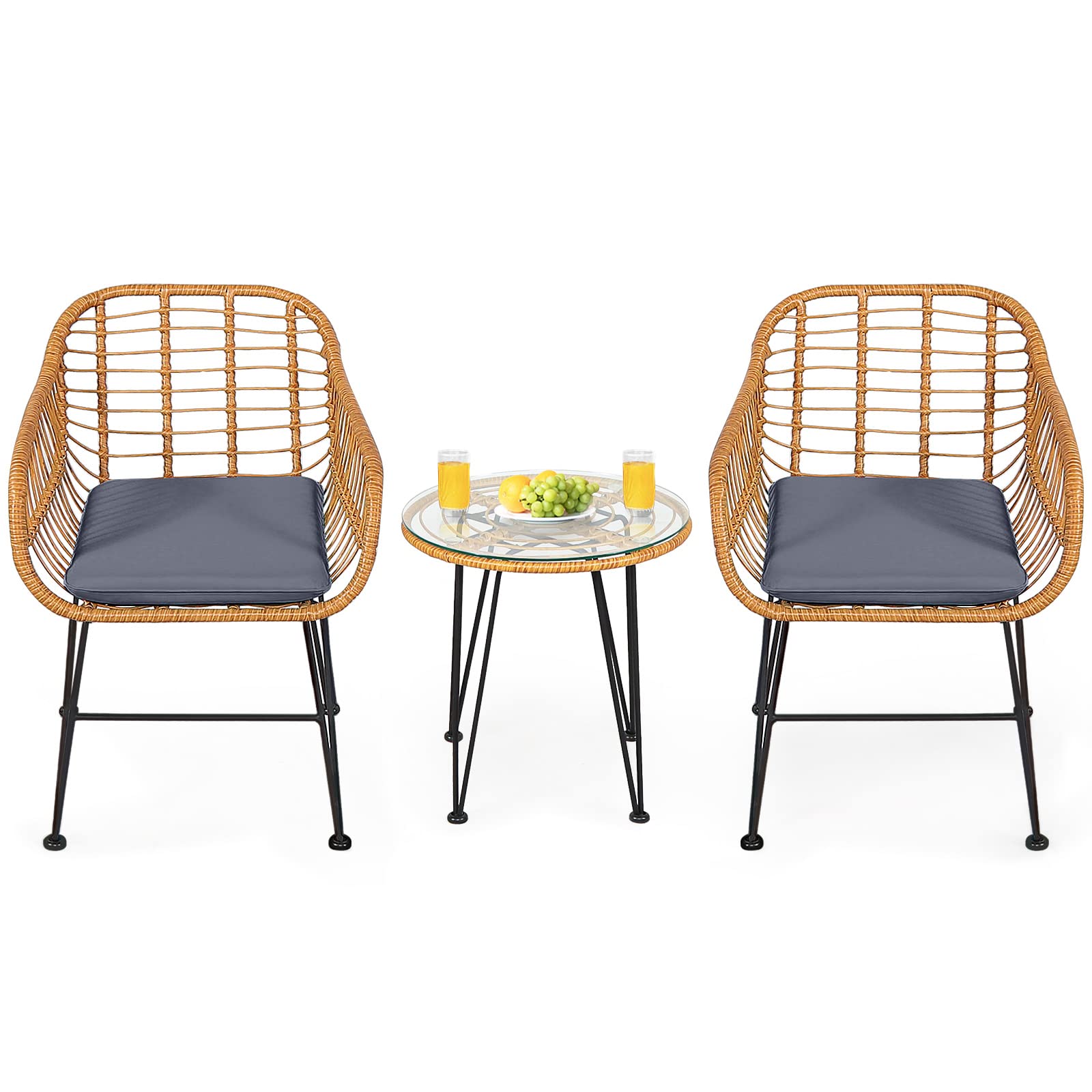 HappyGrill 3-Piece Rattan Bistro Set with Steel Frame Round Coffee Table & Soft Cushions - Outdoor Patio Dining Furniture for Garden, Balcony, or Backyard Relaxation