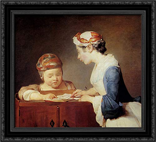 Jean Baptiste Simeon Chardin 22x20 Black Ornate Wood Framed Canvas Art - The Teacher Painting for Home Office, Classroom & Library Decor