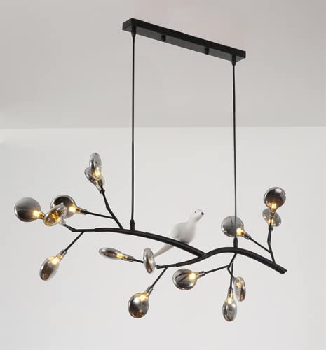 LITFAD 15-Light Black Acrylic Tree Branch LED Chandelier with Bird Decor - Modern Nordic Hanging Light Fixture for Dining Room, Restaurant, Bedroom - Perfect for Creating Cozy Ambiance in Home Decor and Commercial Spaces