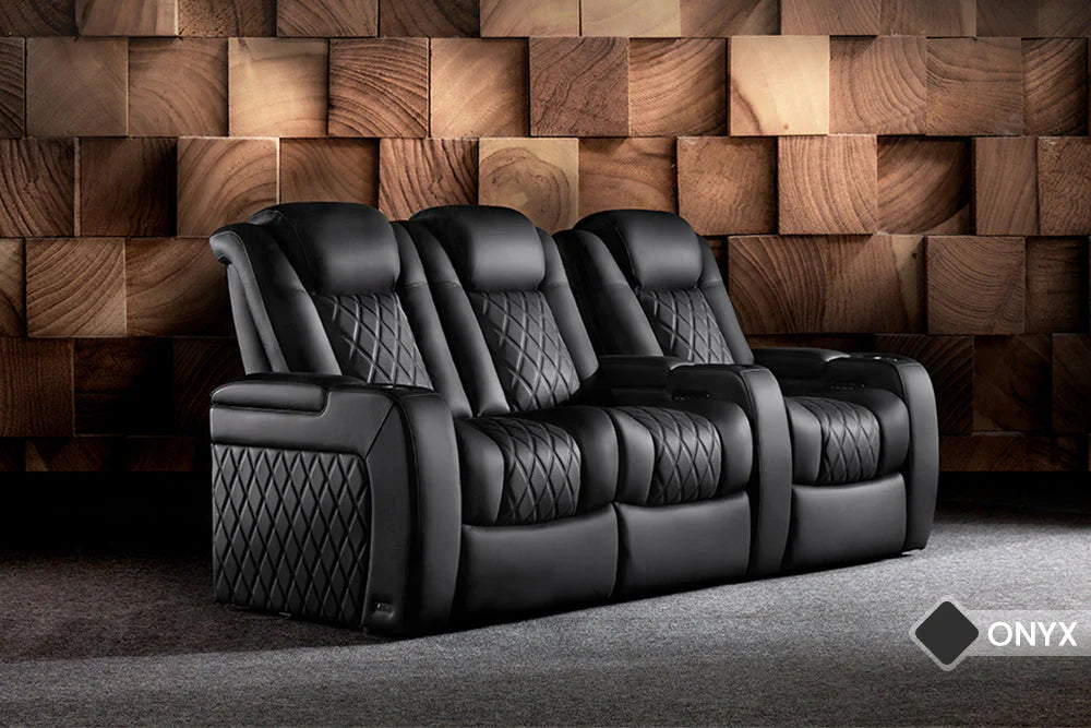 Valencia 2025 New Tuscany Ultimate Luxury Heated & Ventilated Leather Home Theater Seating - 4-Seater Loveseat with Center Console in Onyx Black | Perfect for Movie Nights & Home Entertainment Rooms