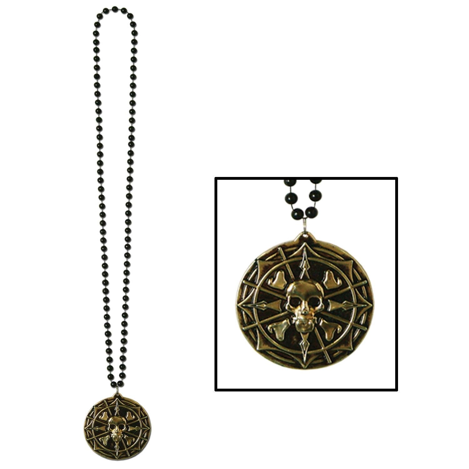 12 Pack Pirate Bead Necklaces with Coin Medallion - Costume Jewelry for Pirate Party, Halloween, Mardi Gras & Cosplay