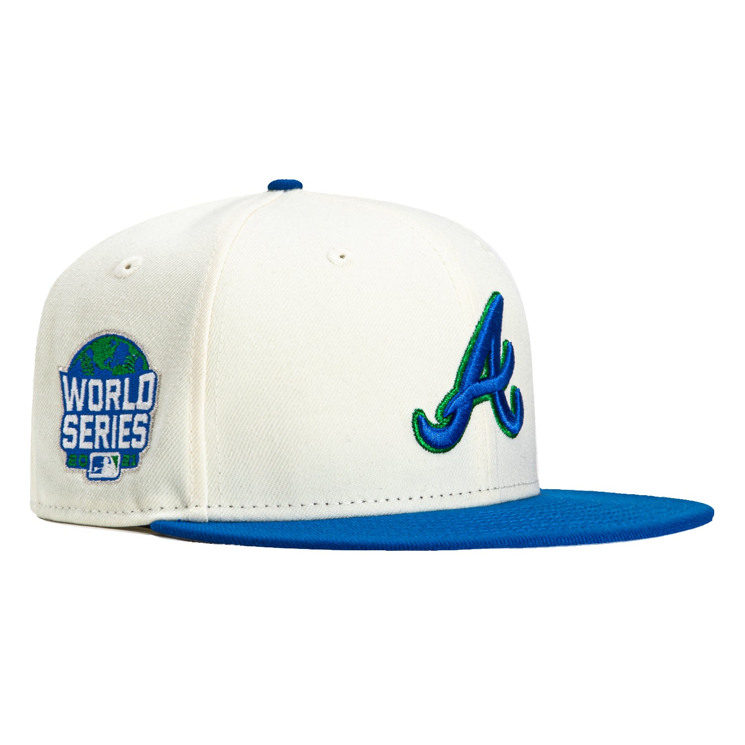 New Era 59Fifty Atlanta Braves 2021 World Series Patch Snapback Hat - White, Royal & Kelly Blue - Official MLB Baseball Cap for Fans & Collectors - Perfect for Games, Tailgating & Braves Merchandise Collection