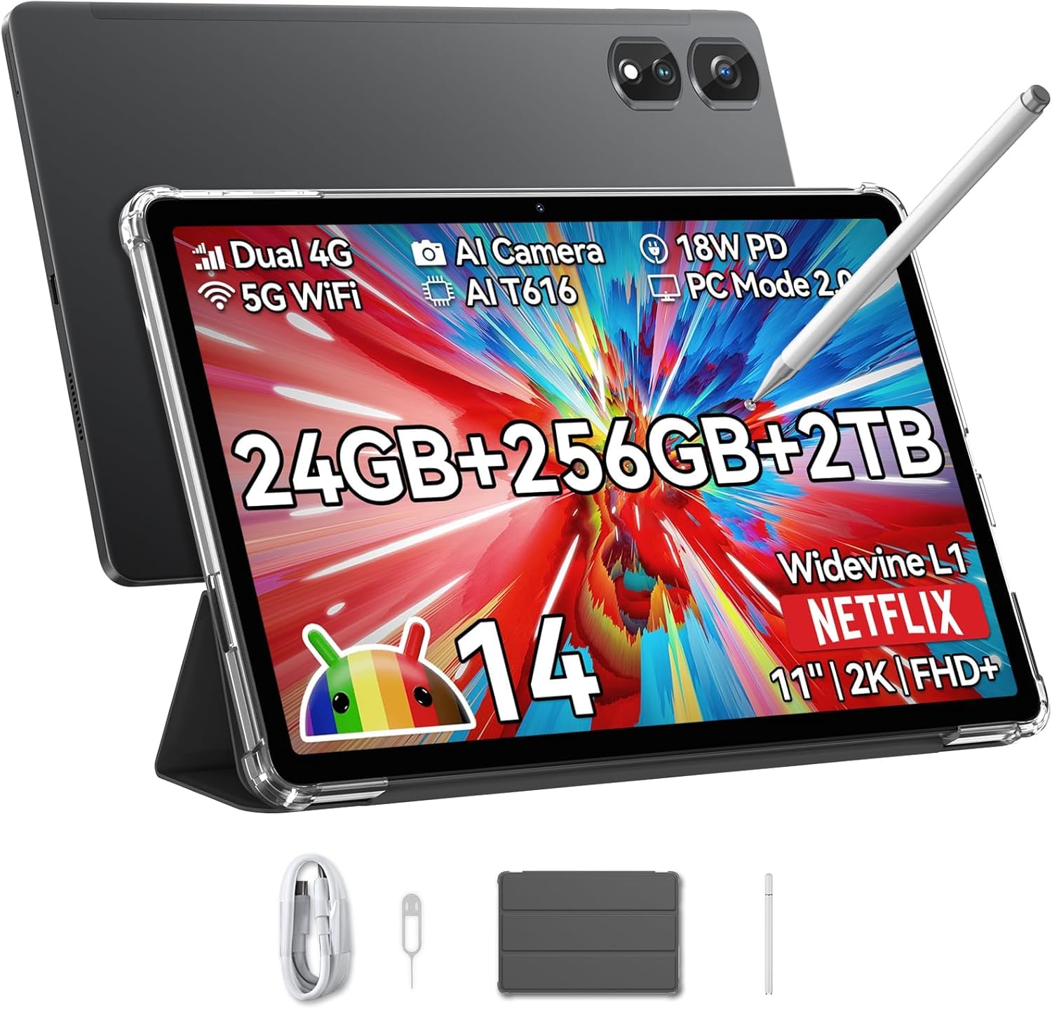 Blackview Tab16Pro 11 Inch Android 14 Tablet - 16GB RAM 256GB ROM (Expandable to 2TB) 4G LTE 5G WiFi, 13MP+8MP Dual Camera, 7700mAh Battery, 2K Widevine L1 Display with Stylus & Case - Perfect for Work, Study, Gaming & Travel