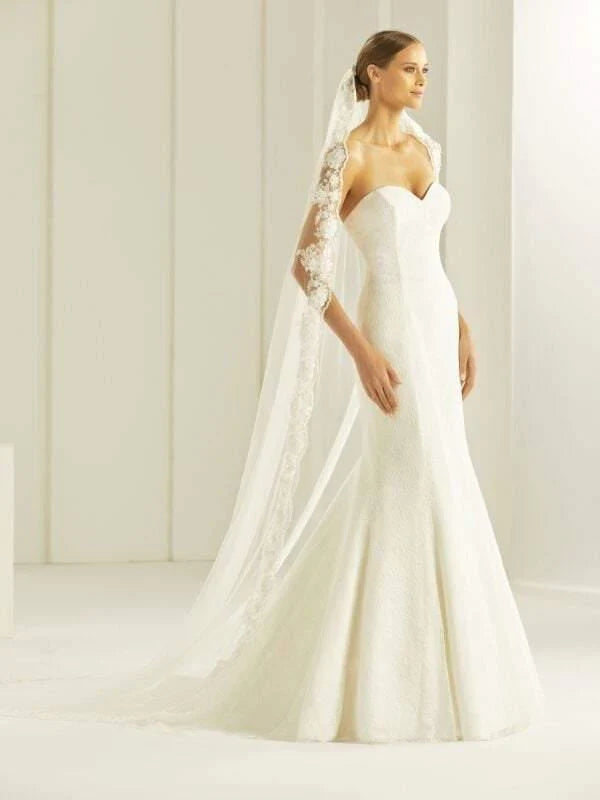 Elegant Cathedral Veil Single Tier with Beaded Lace Edge - Perfect for Weddings & Bridal Accessories | Style S274