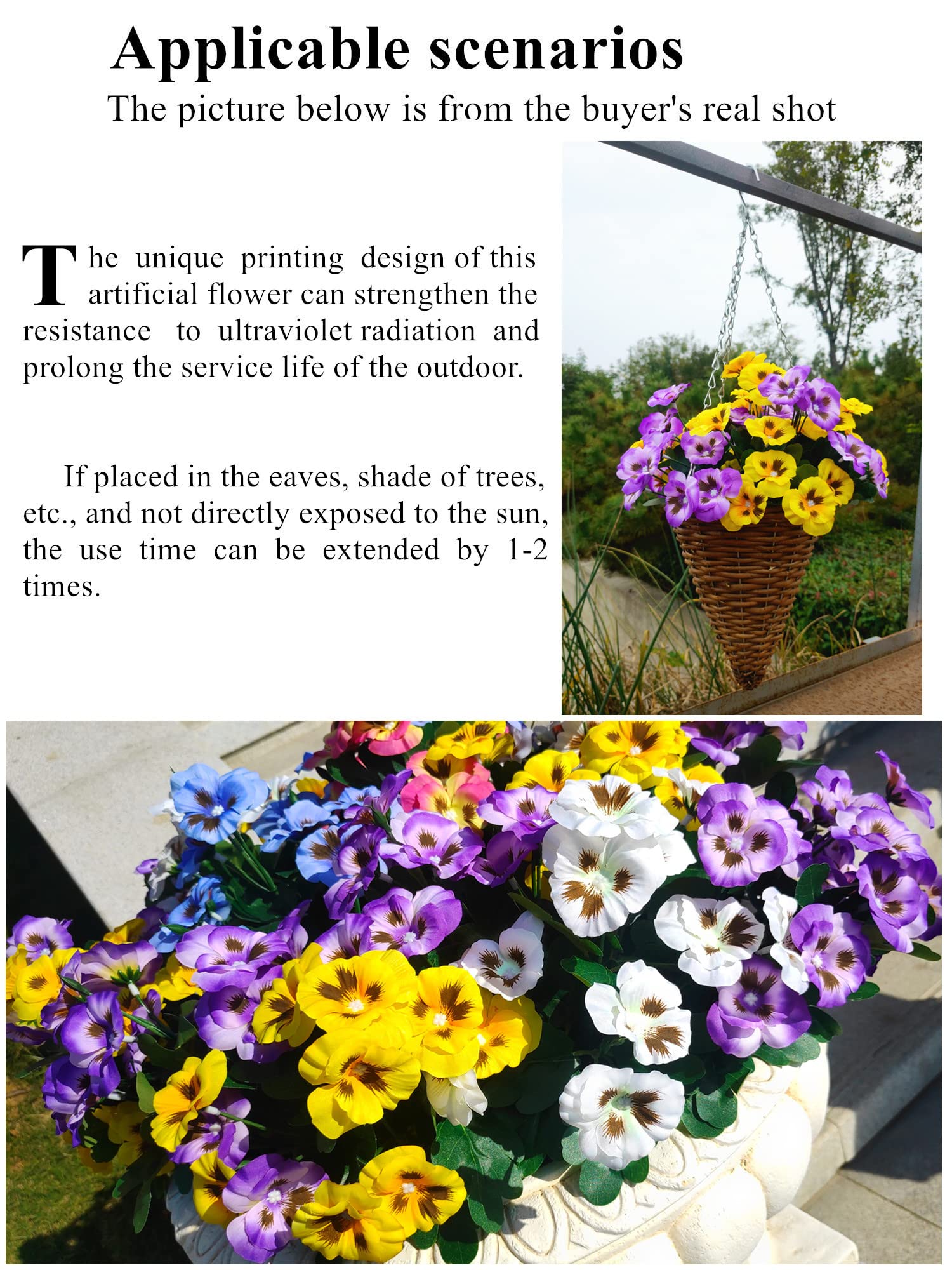 UV Resistant Artificial Pansies Flowers Outdoor - 11.8 Inch Fake Plastic Flowers Bulk (8 Pack, Purple) for Garden Decor, Window Boxes & Patio Planters
