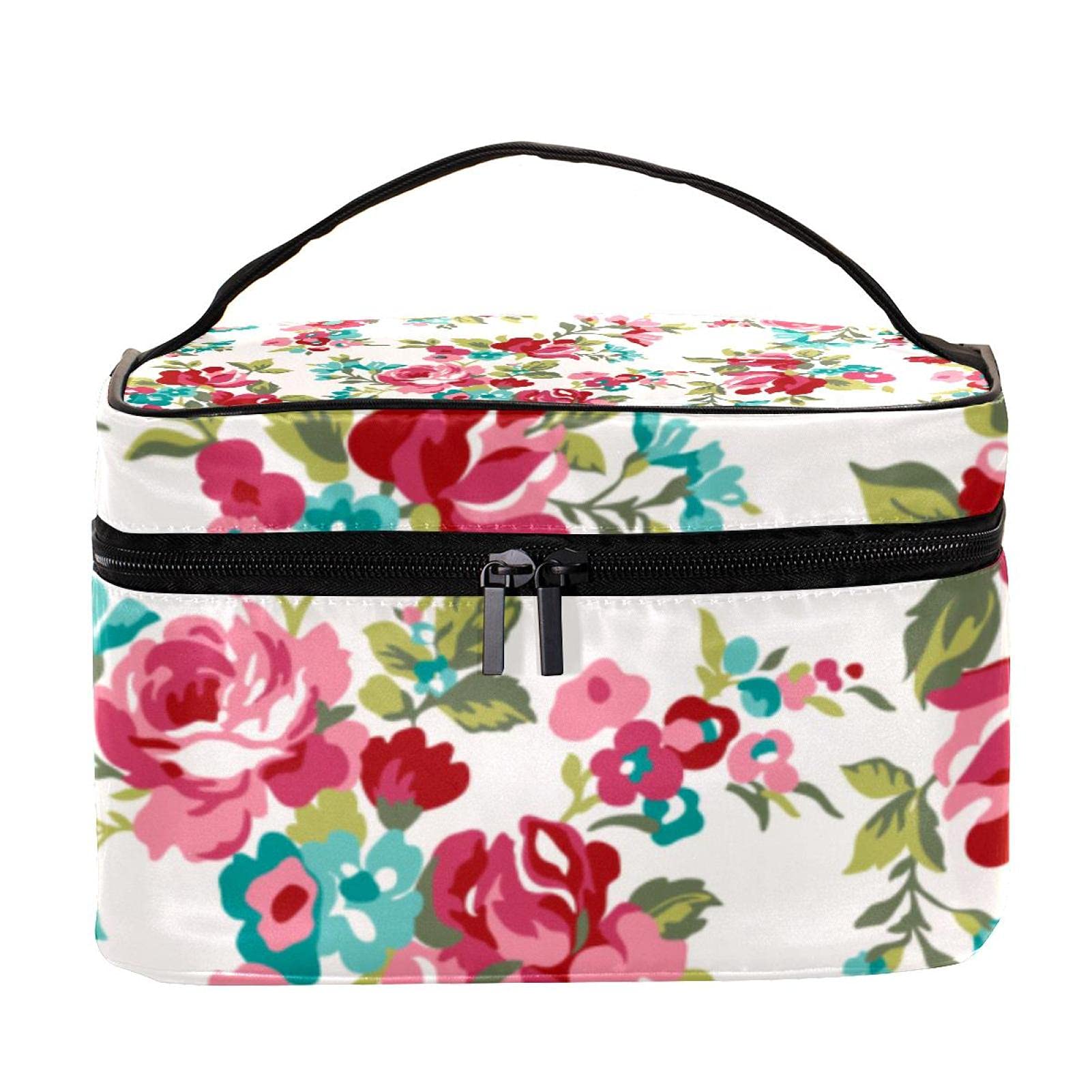 Vintage Red Floral Makeup Bag - Large Cosmetic Organizer with Zipper for Women & Girls | Perfect for Travel, Gym, and Daily Essentials Storage