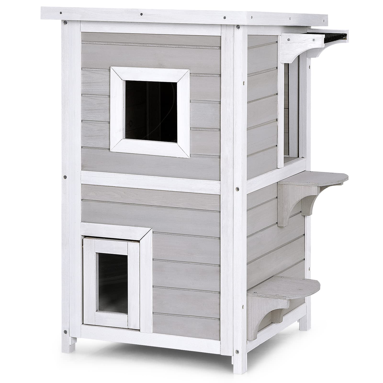 Weatherproof Wooden Outdoor Cat House - 2-Story Feral Cat Shelter with Removable Roof | Durable Pet Shelter for Backyard, Garden & Patio Use