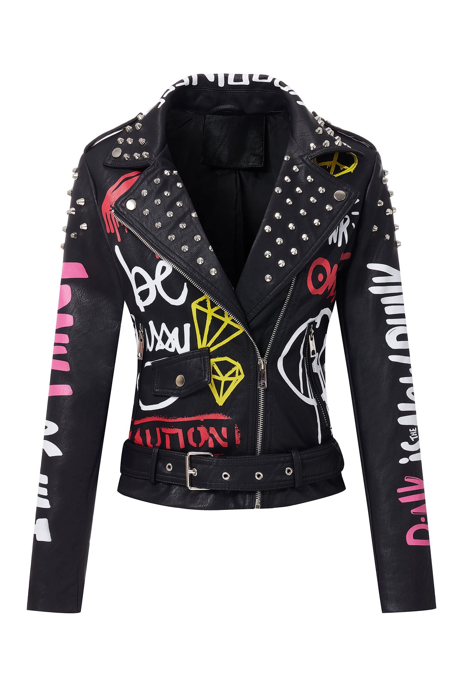 RISISSIDA Women's Faux Leather Jacket with Studded Rivets - Trendy Moto Biker Jacket for Spring, Fall & Winter - Streetwear Fashion with Belt for Casual Outings, Nightlife & Urban Style