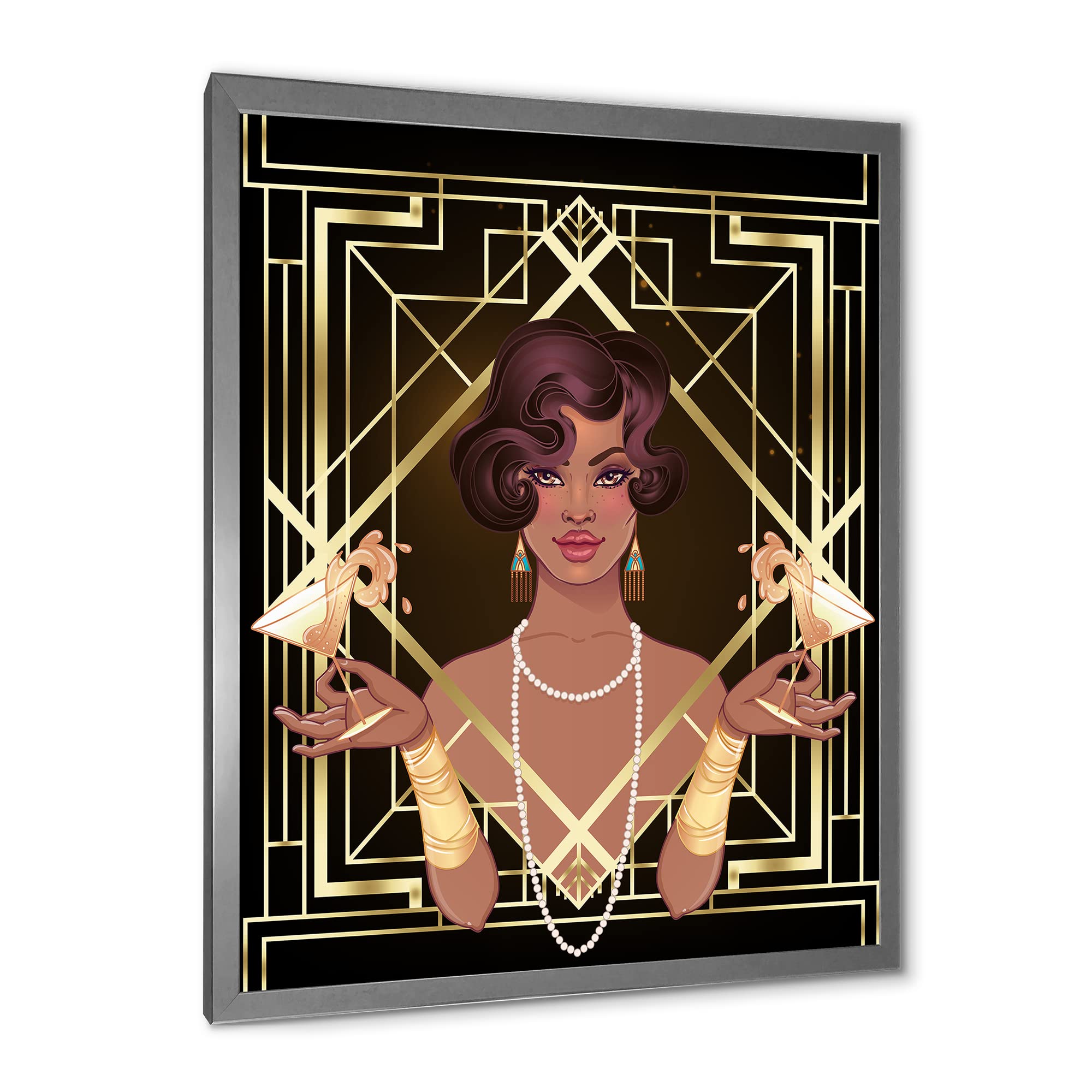 DesignQ Retro Women Golden Art Deco Geometric Framed Wall Art - Modern Home Decor for Living Room, Bedroom & Office
