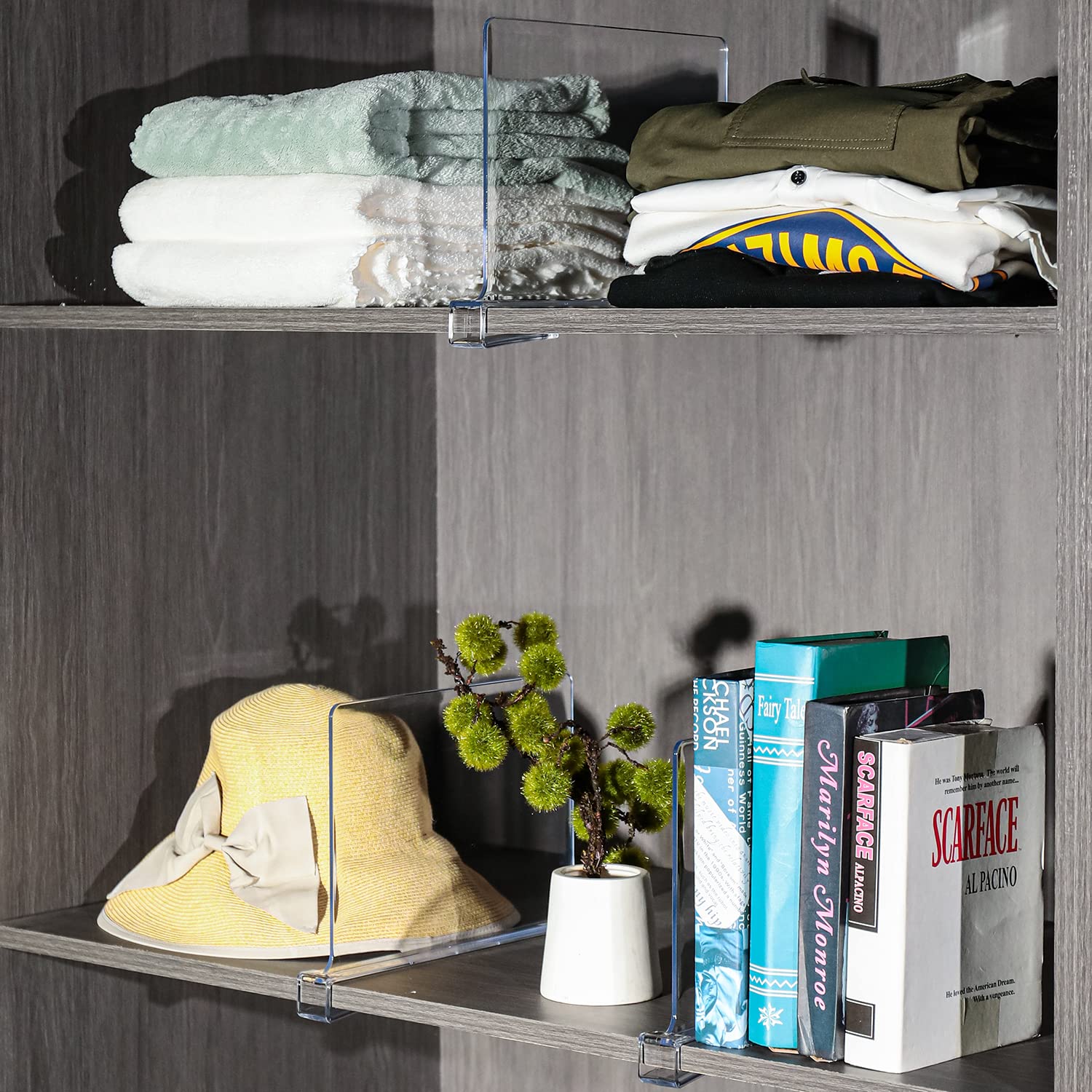 8-Pack Clear Acrylic Shelf Dividers for Closet, Kitchen & Bedroom Organization - Perfect for Organizing Clothes, Books, Towels, Hats and Purses - Space Saving Storage Solution for Home & Office