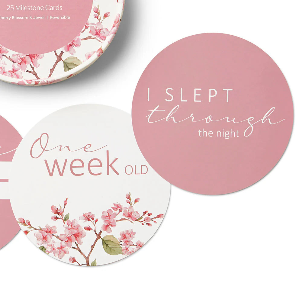 Snuggle Hunny Reversible Milestone Baby Photo Cards - Cherry Blossom & Jewel Tone Design for Newborn Photography, Baby Shower Gifts and First Year Memories
