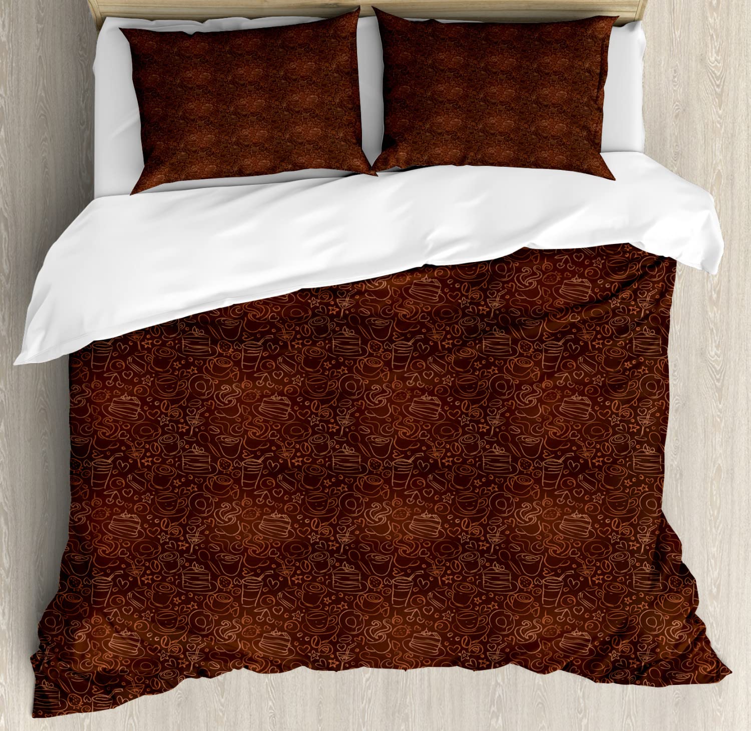 Ambesonne Chocolate Duvet Cover Set - King Size 2-Piece Coffee Theme Bedding with Hand-Drawn Dessert Patterns (Cake, Fruit, Donut, Hearts), Includes 2 Duvet Covers & 4 Pillowcases, Dark Brown Cinnamon - Perfect for Bedroom Decor, Gift for Coffee Lovers & Cozy Home Styling