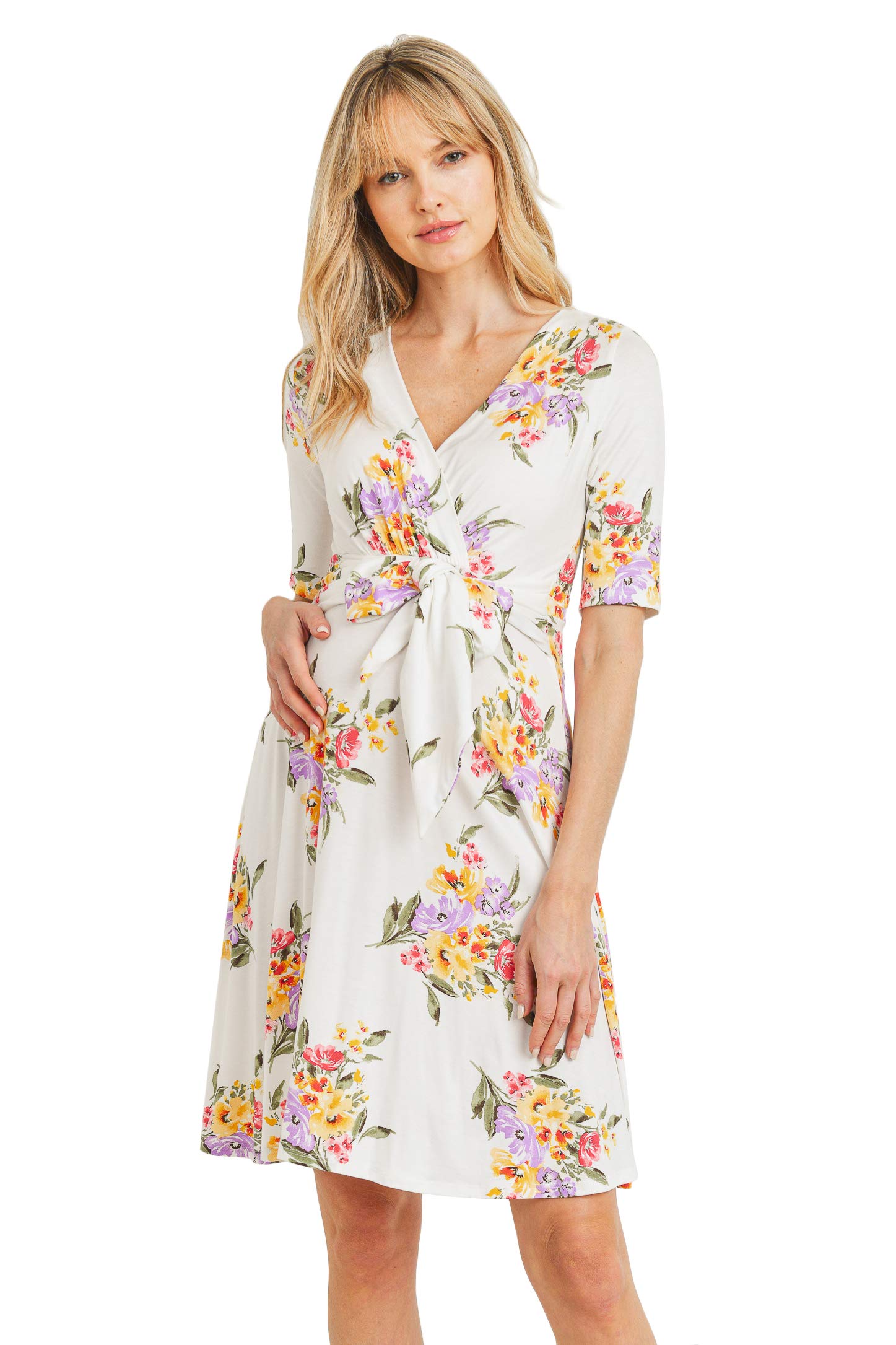 HELLO MIZ Women's Maternity Short Sleeve Wrap Dress - Knee Length Nursing Dress for Pregnancy, Baby Shower & Breastfeeding - Comfortable Maternity Dress for Summer, Office & Special Occasions