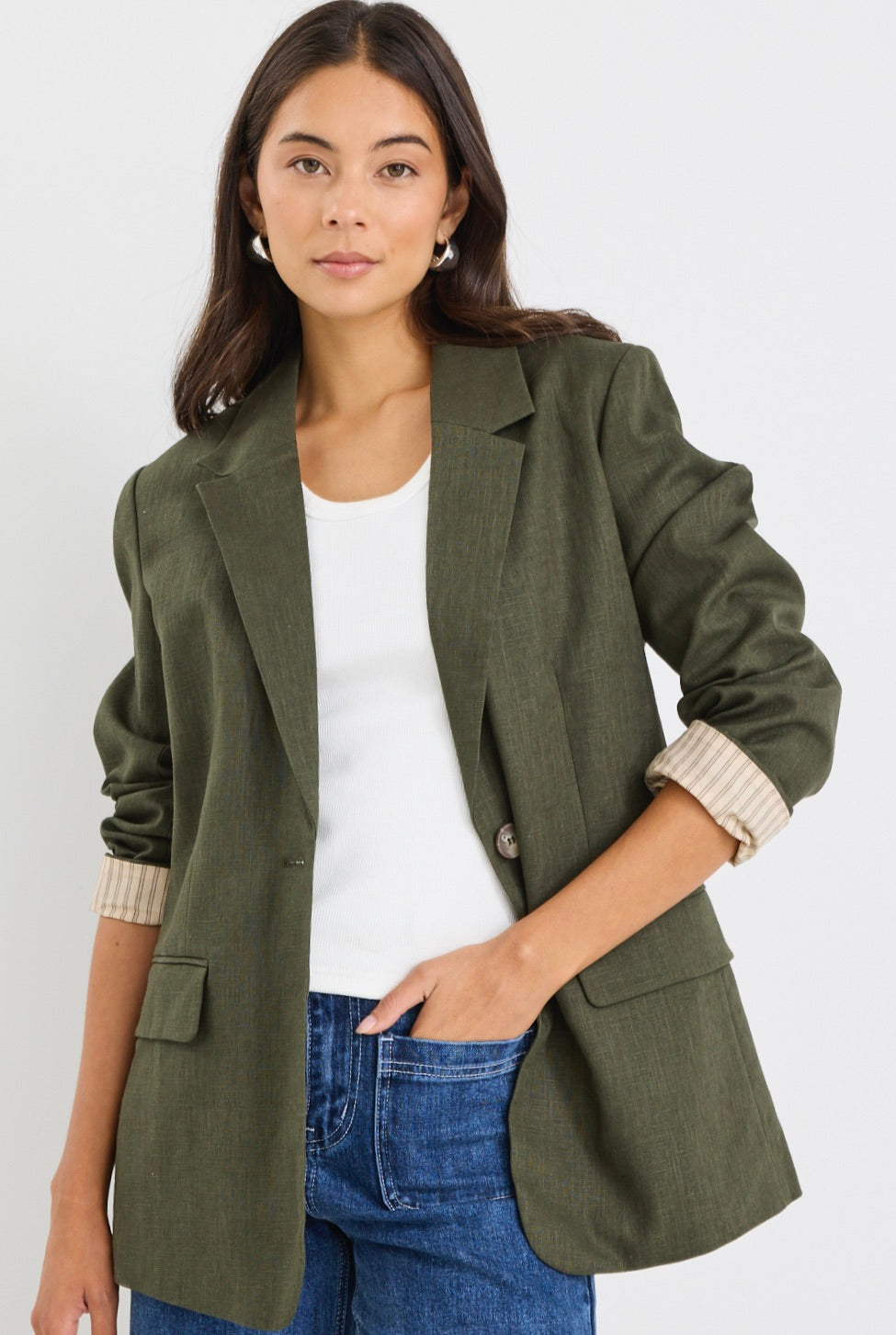 Stylish Khaki Ramie Rolled Sleeve Blazer for Women - Lightweight Summer Office Jacket - Perfect for Business Casual, Workwear & Outdoor Events