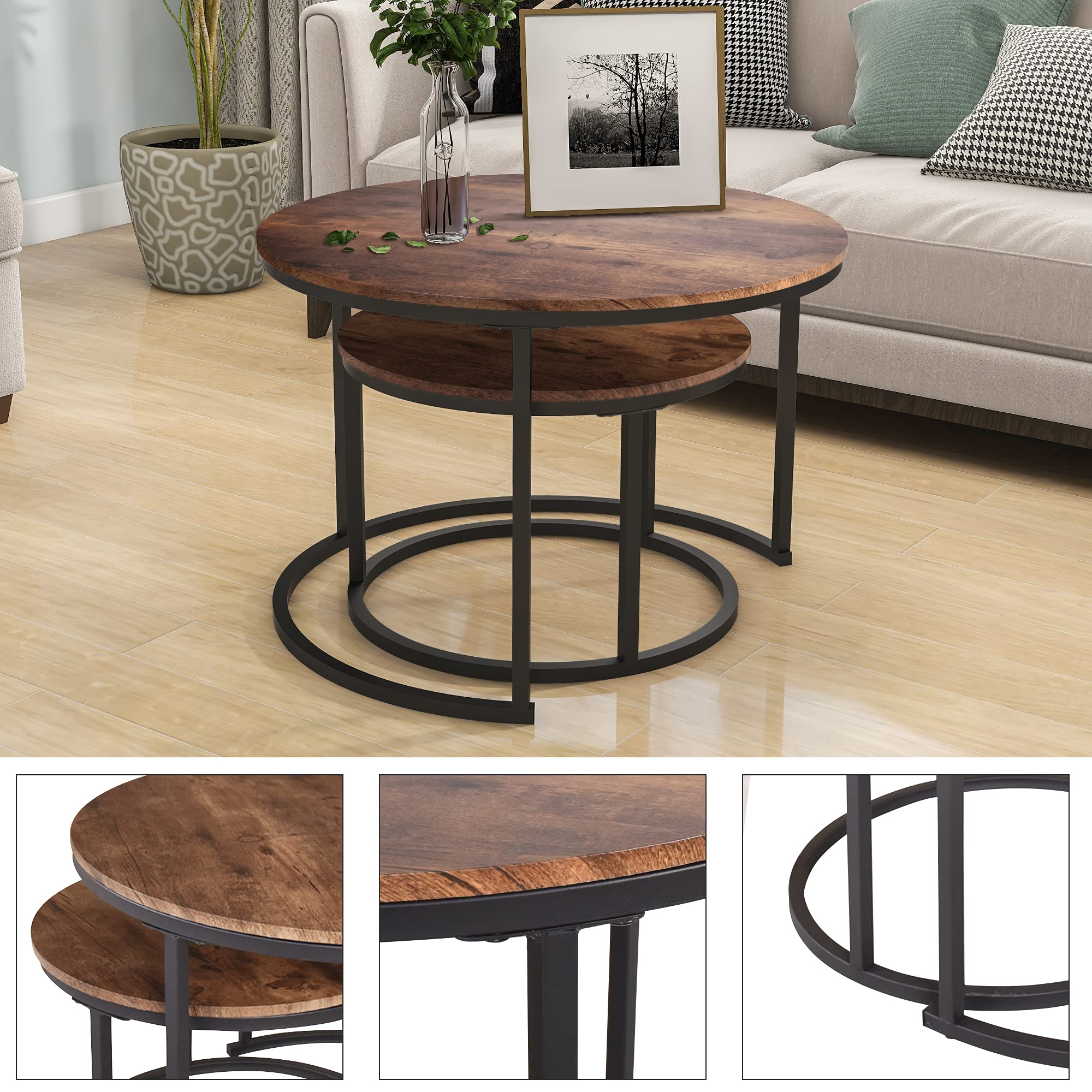 Industrial Round Coffee Table Set of 2 - Wood Look End Tables with Metal Frame for Living Room - Stackable Side Tables, Sturdy & Easy Assembly - Black & Rustic Brown - Perfect for Small Spaces, Home Decor, and Modern Interior Design