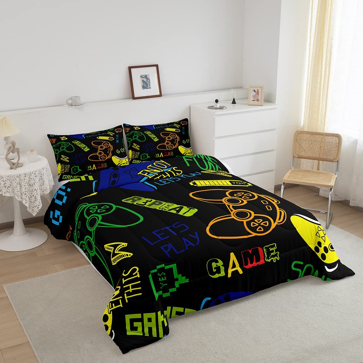 Erosebridal Twin Size Gaming Comforter Set for Boys - Cool Gamer Bedding with Yellow & Green Design - Perfect for Kids' Bedrooms & Teen Gaming Rooms